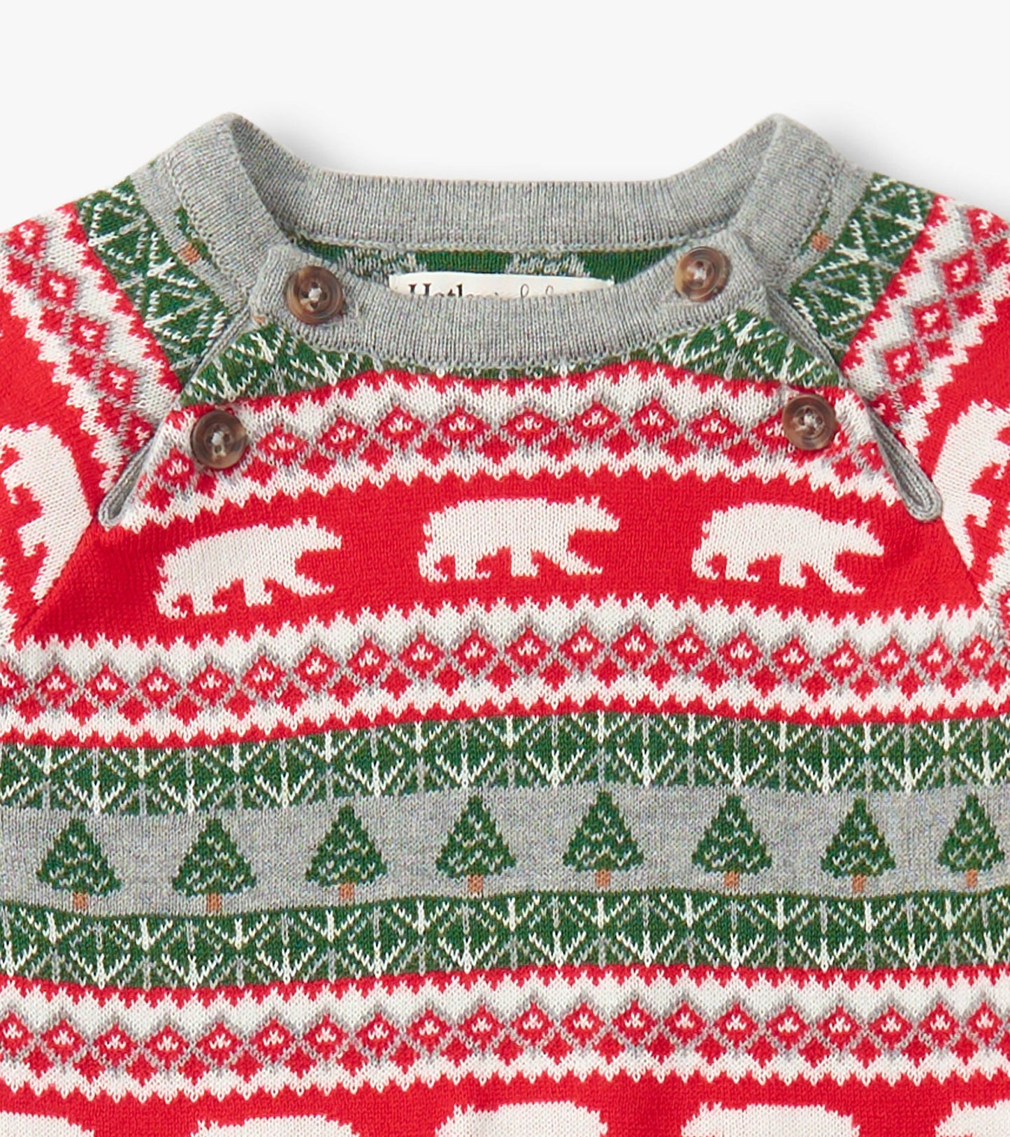 Red Fair Isle sweater romper featuring polar bears and trees, with gray accents and button details at the neckline.