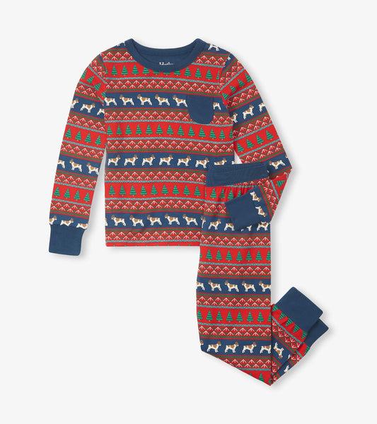 Red and blue Fair Isle pajama set featuring bulldogs and trees, made from bamboo, includes long-sleeve top and pants.