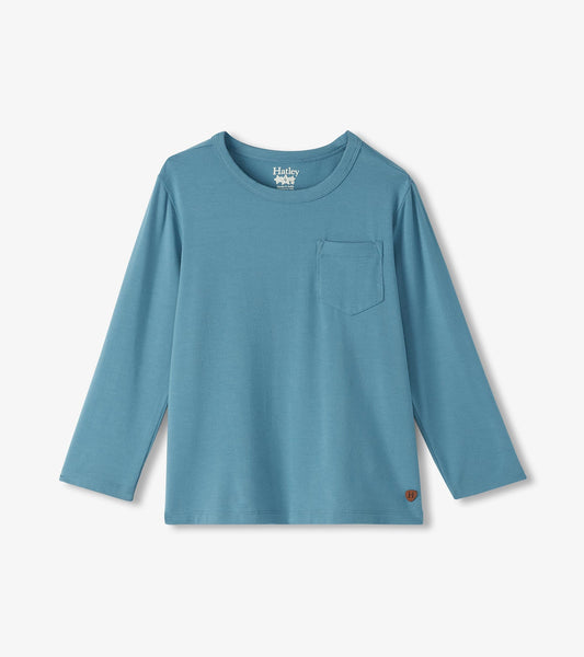Long sleeve bamboo t-shirt in bluestone with a chest pocket and a round neckline.