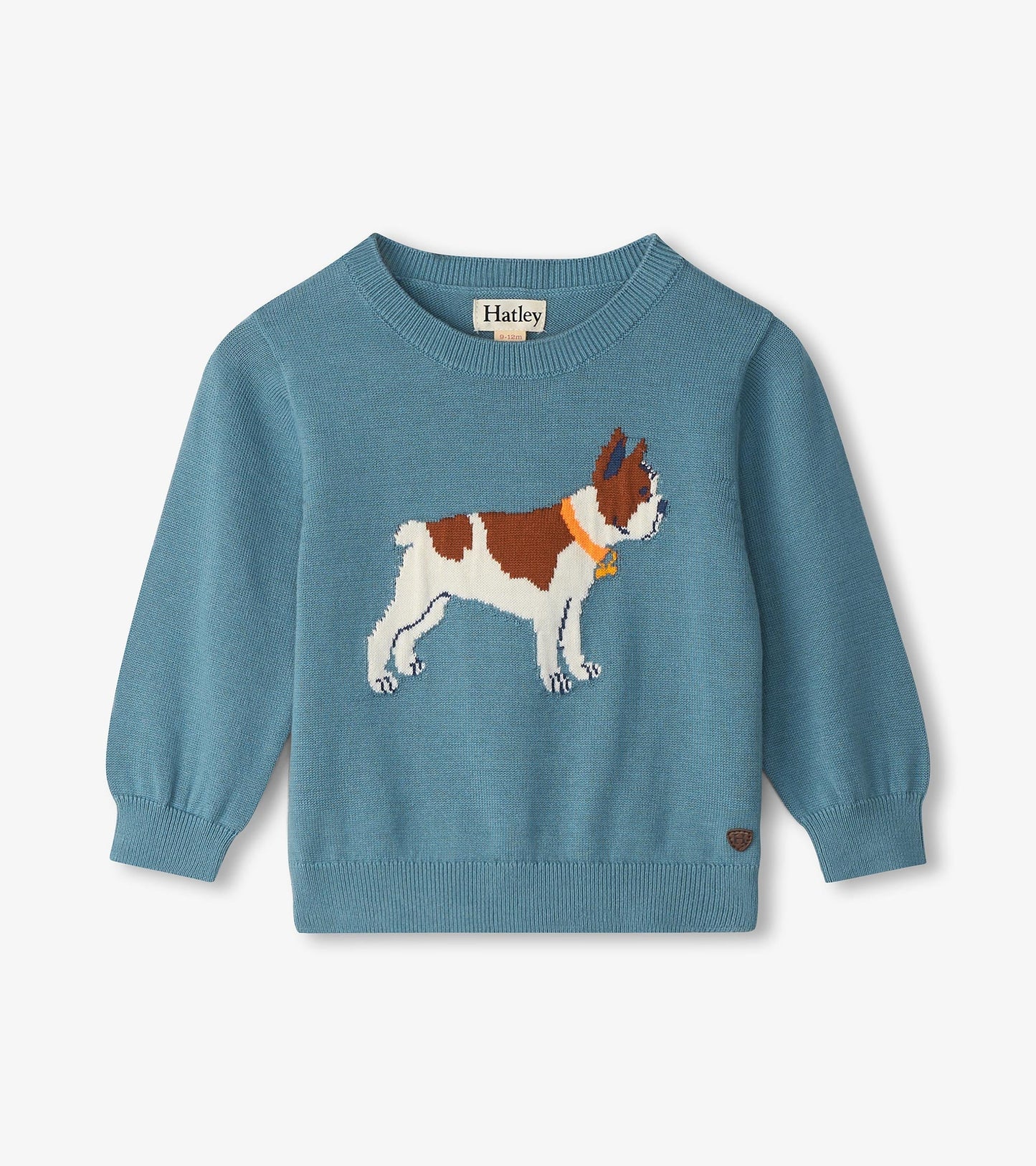 Blue crew neck sweater featuring an embroidered French Bulldog design, suitable for baby and toddler boys.