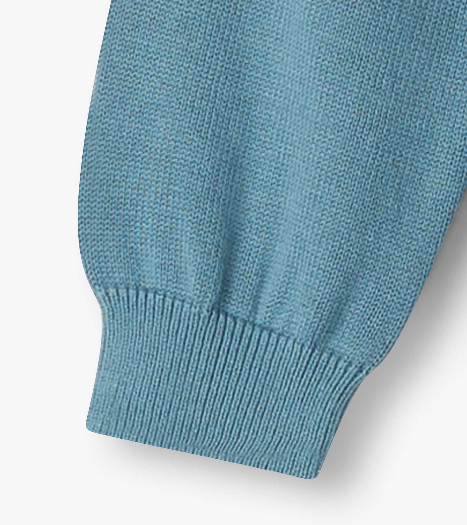 Light blue crew neck sweater for baby and toddler boys, featuring ribbed cuffs and a textured knit pattern.