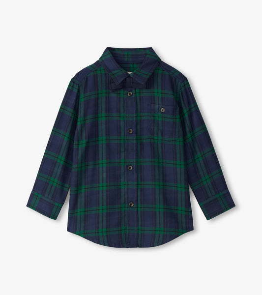 Boys' button-down shirt in blackwatch plaid with navy and green colors, featuring long sleeves and a chest pocket.