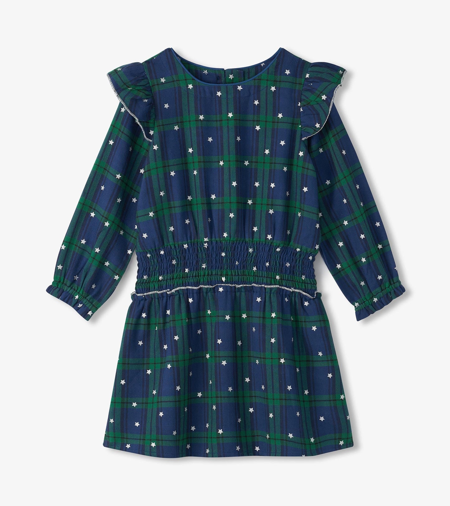 Navy and green plaid dress with smocked waist and ruffled sleeves, featuring white star accents.
