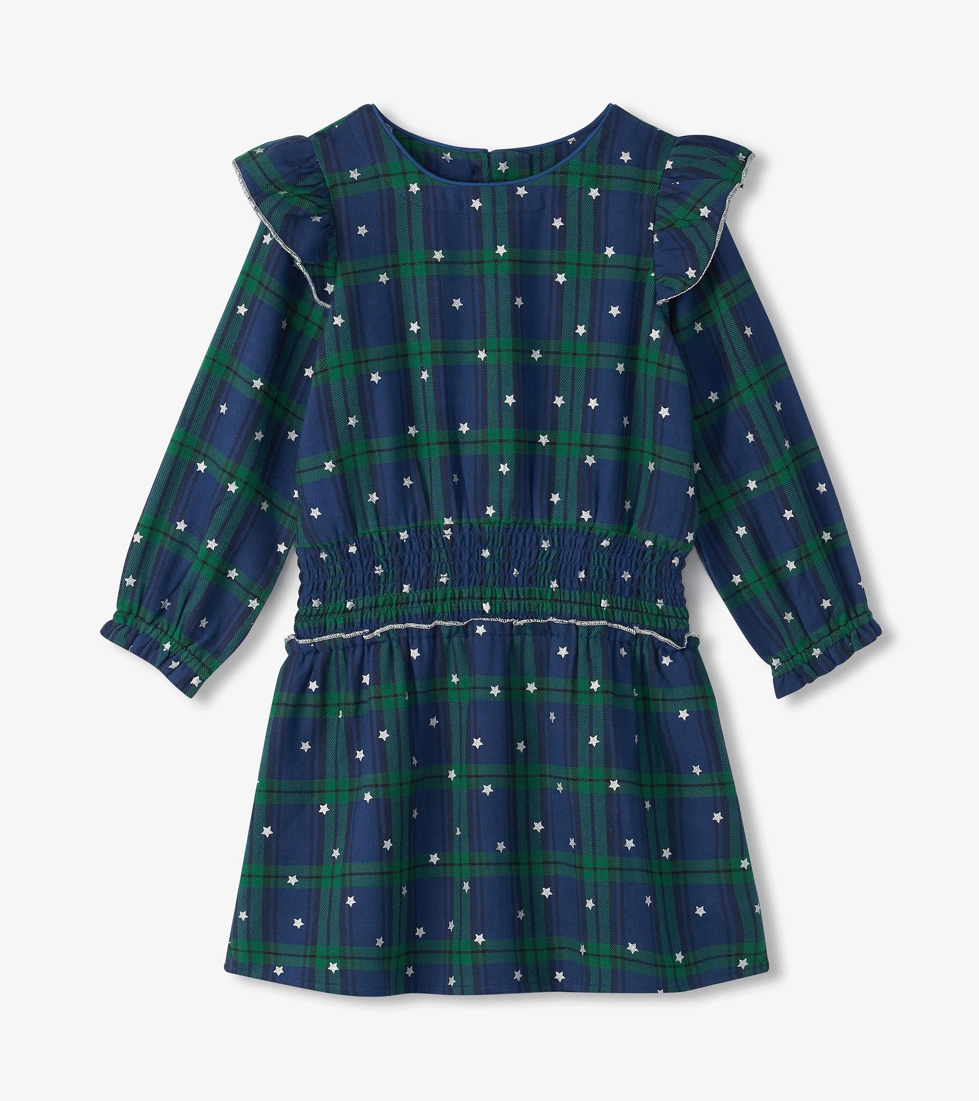 Navy and green plaid dress with smocked waist and ruffled sleeves, featuring white star accents.