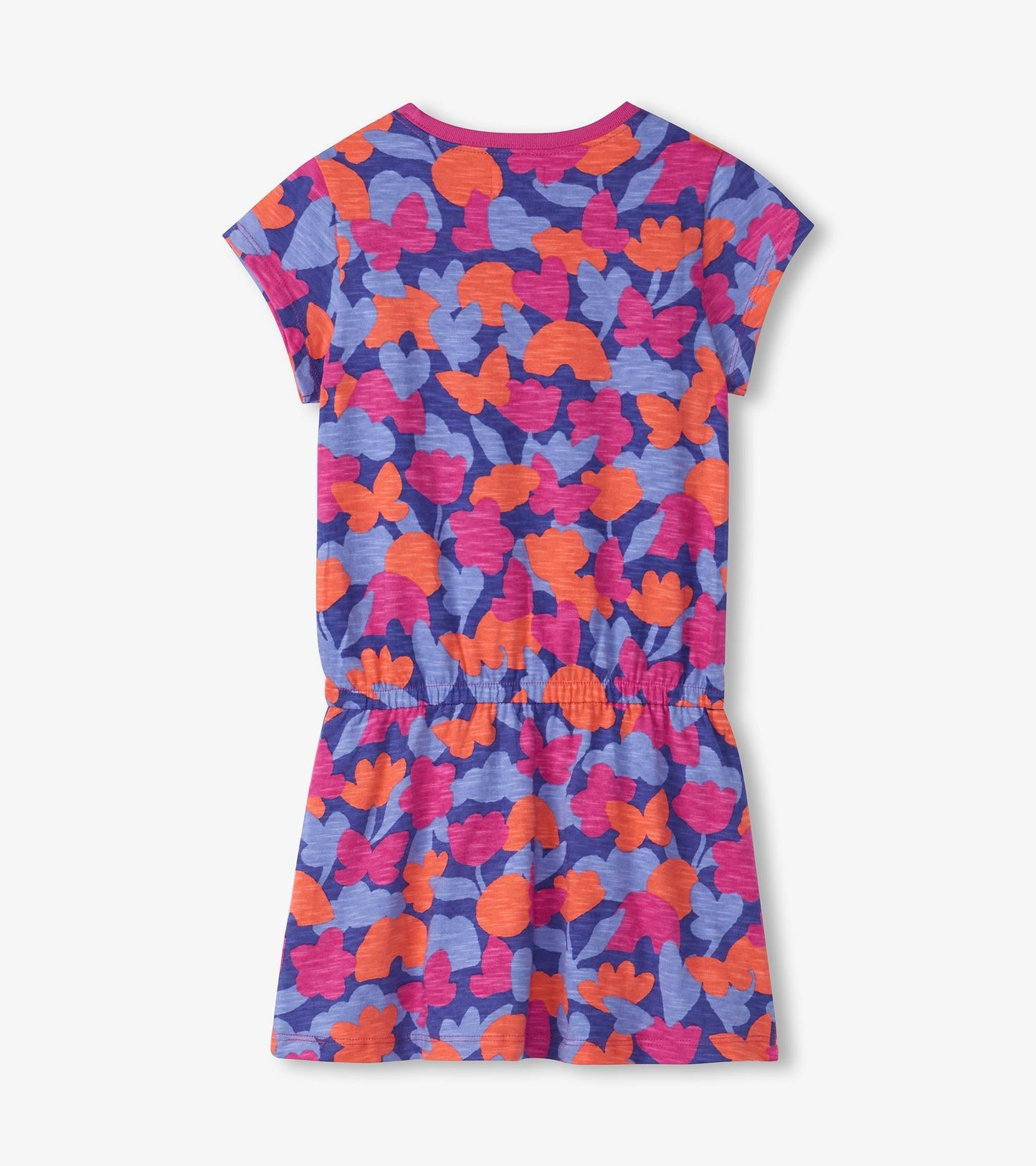 Colorful camo drop waist t-shirt dress featuring purple, pink, and orange floral patterns with short sleeves.