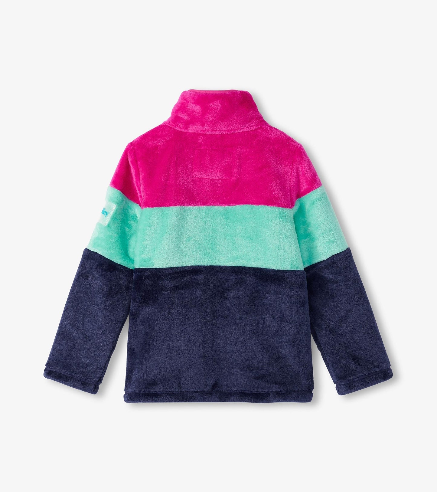 Fuzzy fleece zip-up jacket in pink, mint, and navy colorblock design, featuring a high collar and long sleeves.