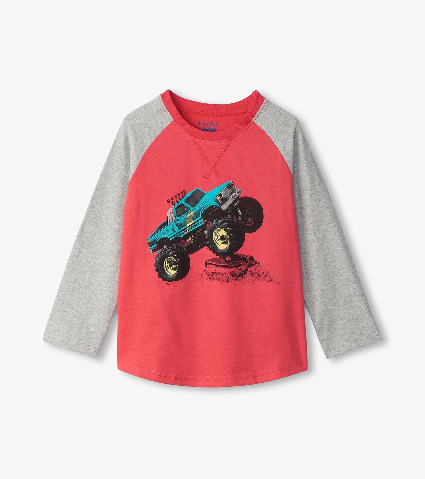 Red long sleeve raglan t-shirt with gray sleeves featuring a graphic of a blue monster truck.