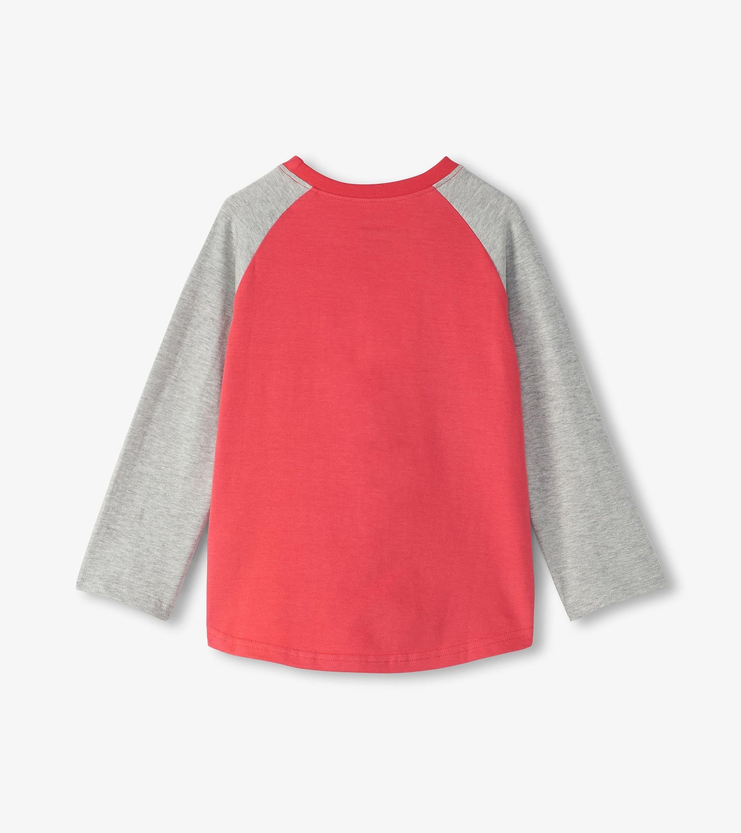 Red long sleeve raglan t-shirt with gray sleeves, featuring a classic crew neck design.