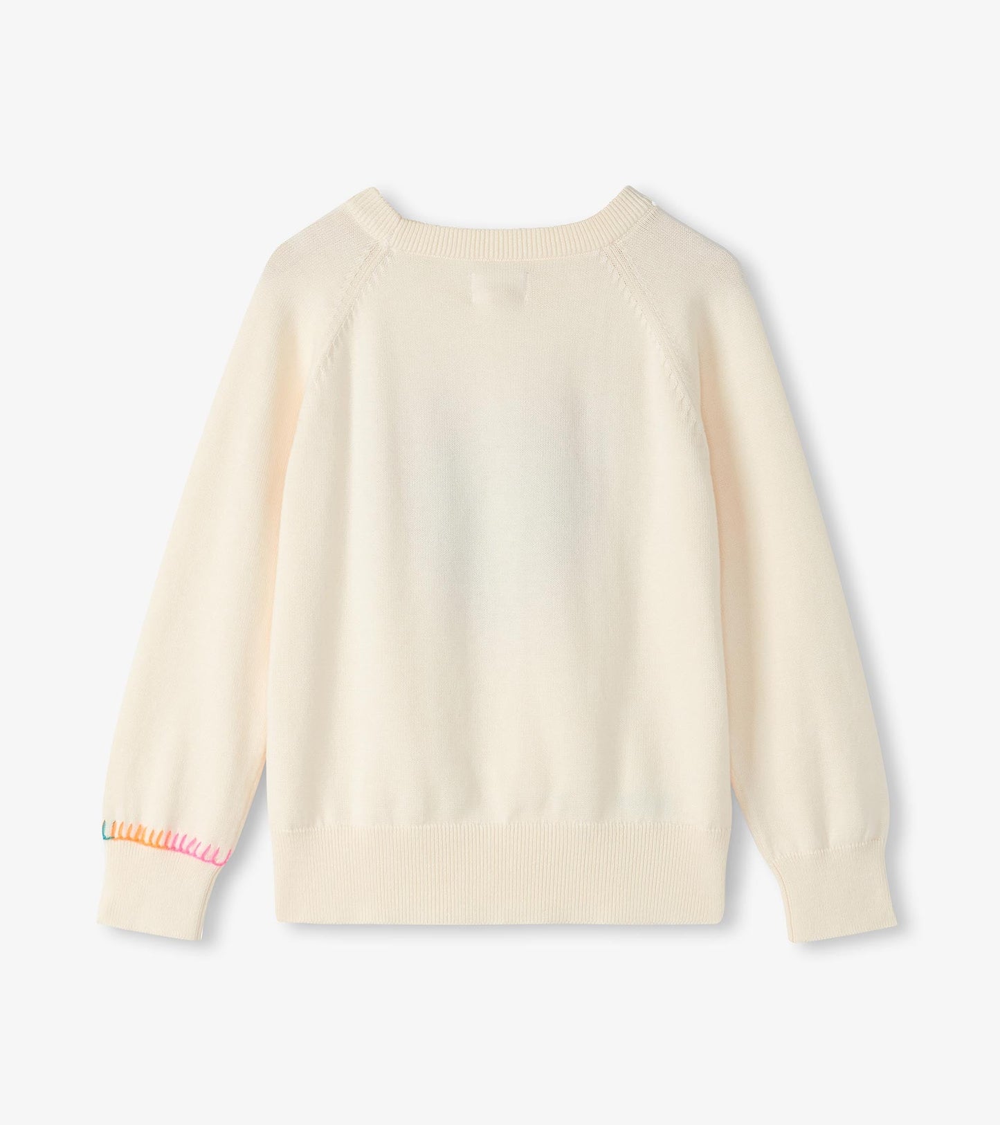Cream-colored sweater with layered hearts pattern and colorful stitching at the cuffs, featuring a classic crew neck design.