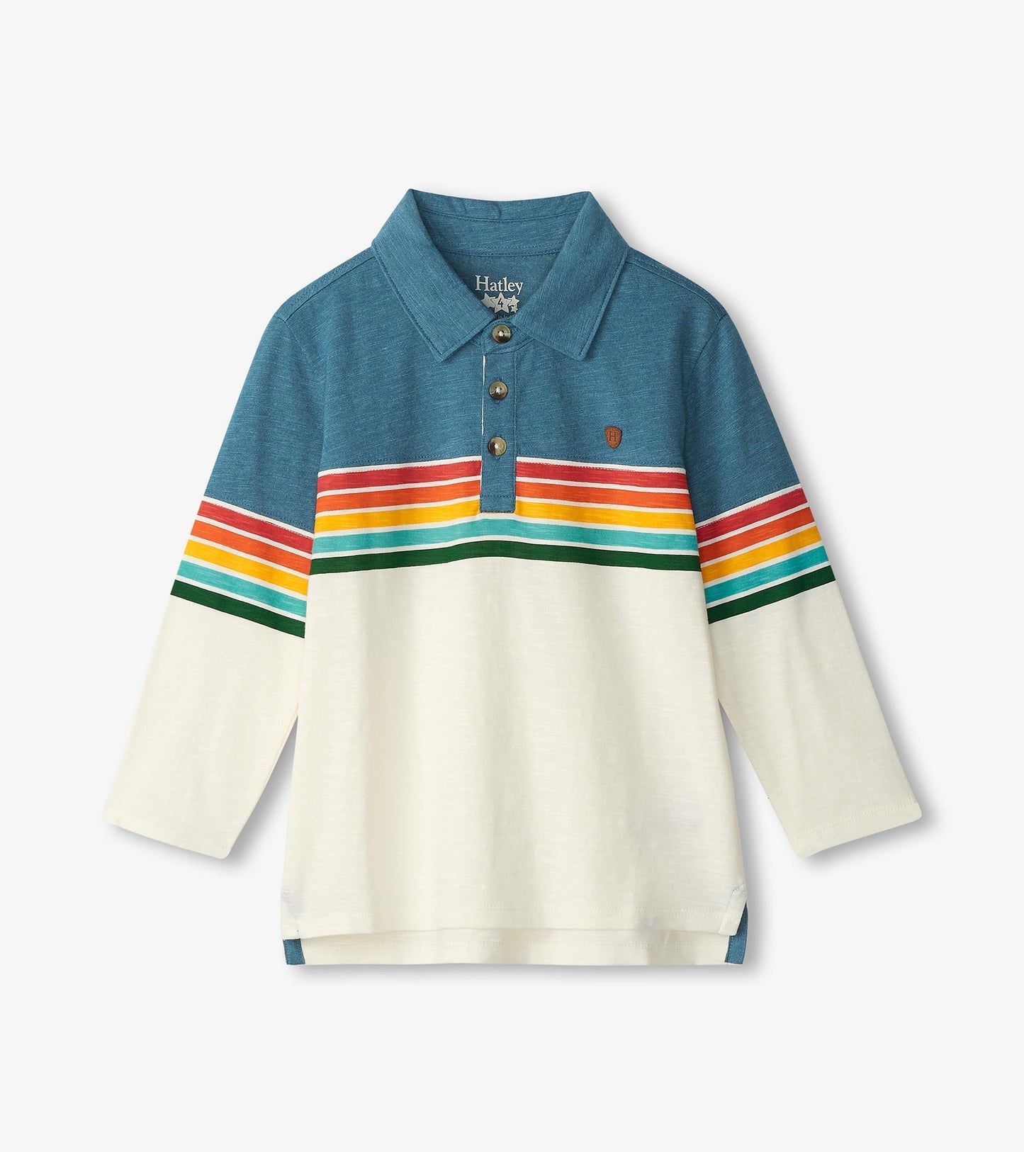 Long sleeve polo featuring a blue collar and colorful retro stripes in red, yellow, green, and white panels.