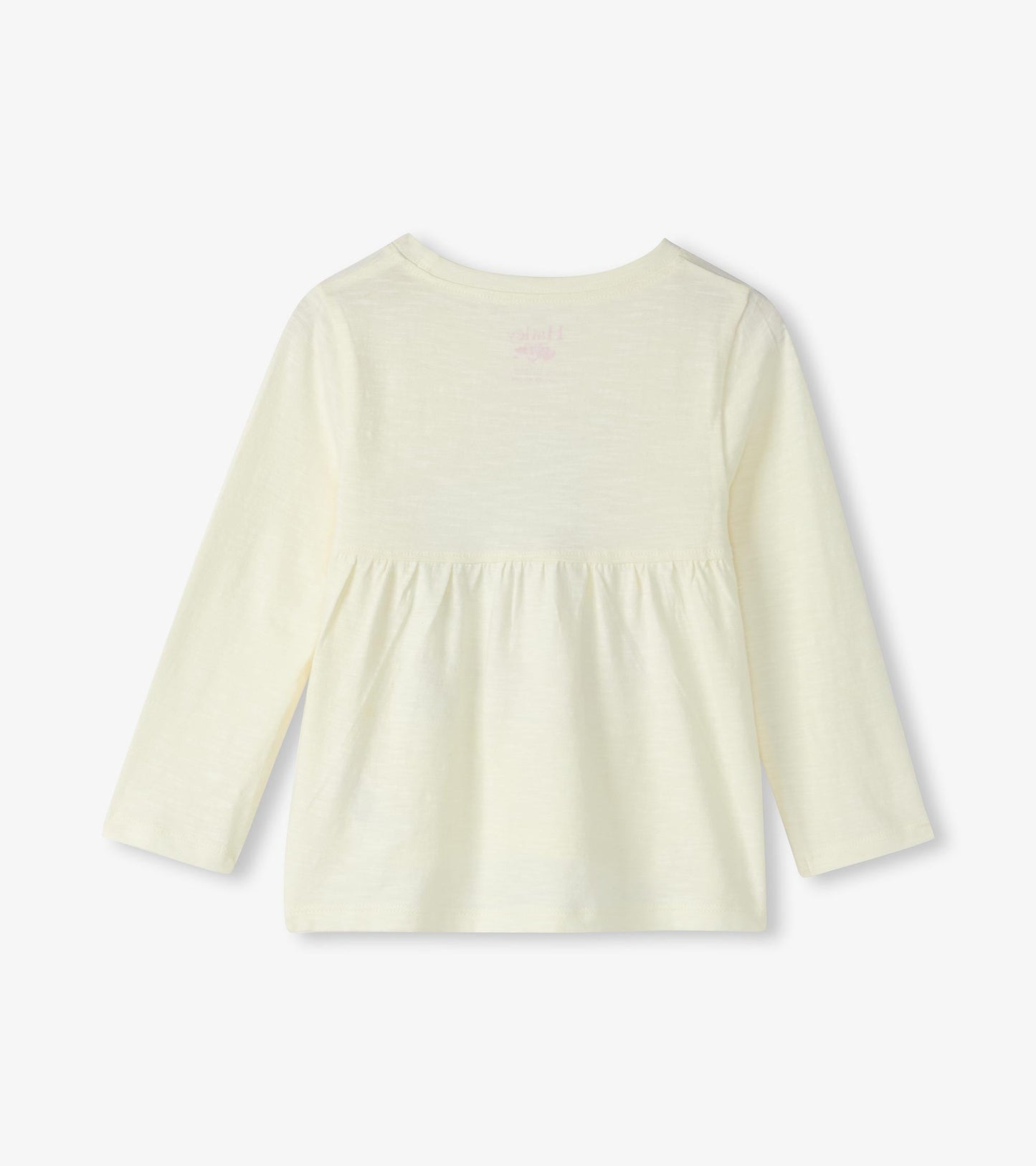 Light yellow long sleeve t-shirt with a gathered waist, suitable for babies and toddlers.