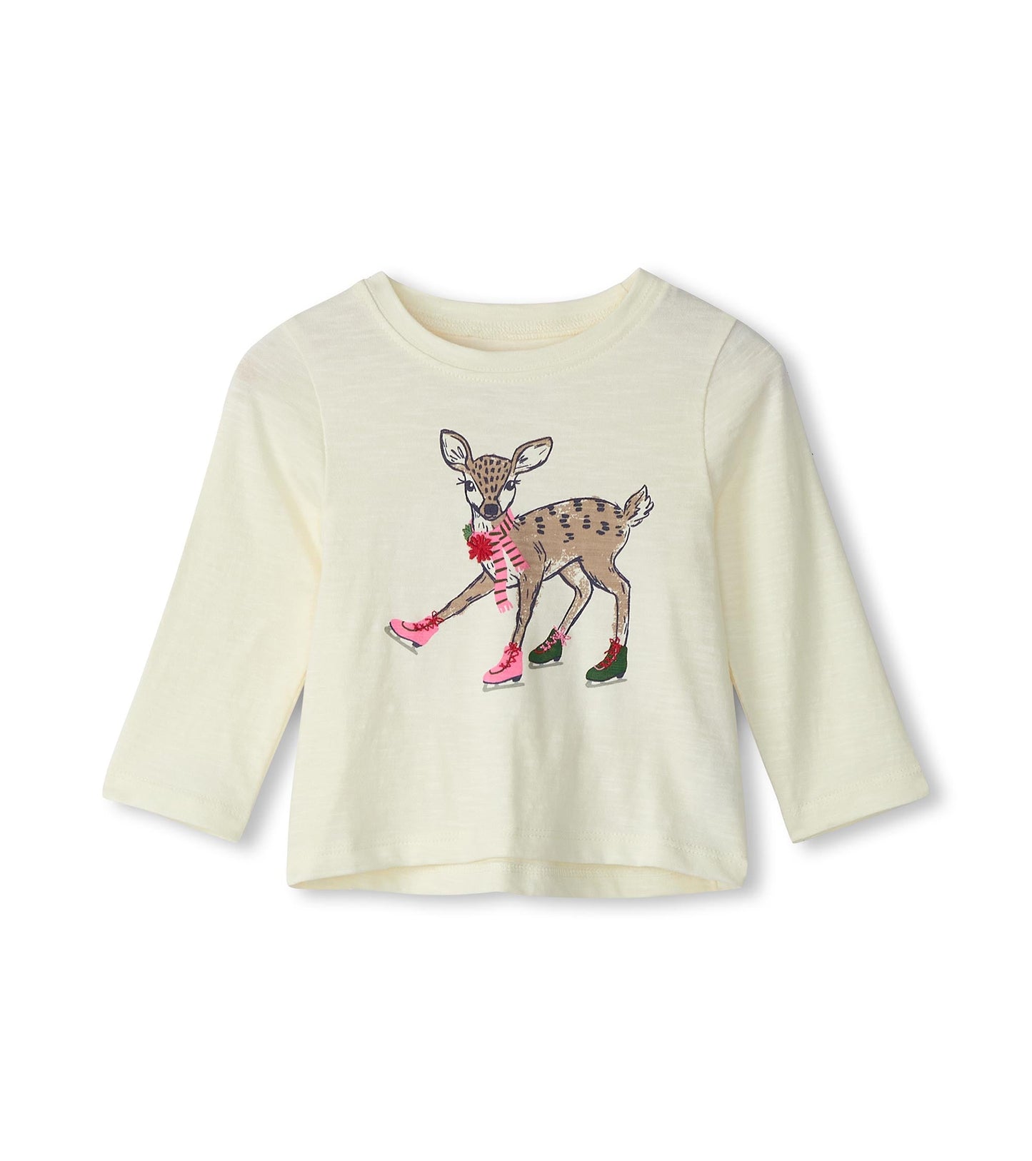 Light yellow long sleeve t-shirt featuring a skating deer graphic with pink skates and a red scarf.