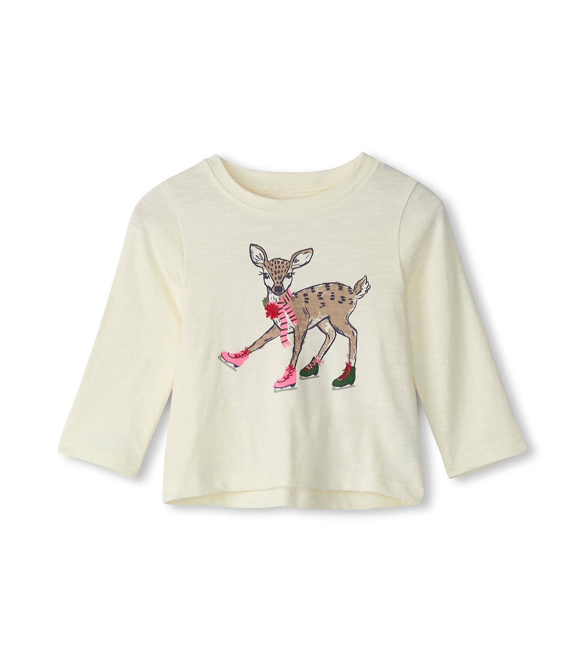 Light yellow long sleeve t-shirt featuring a skating deer graphic with pink skates and a red scarf.
