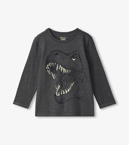 Dark gray long sleeve T-shirt featuring a glow-in-the-dark T-Rex graphic on the front.