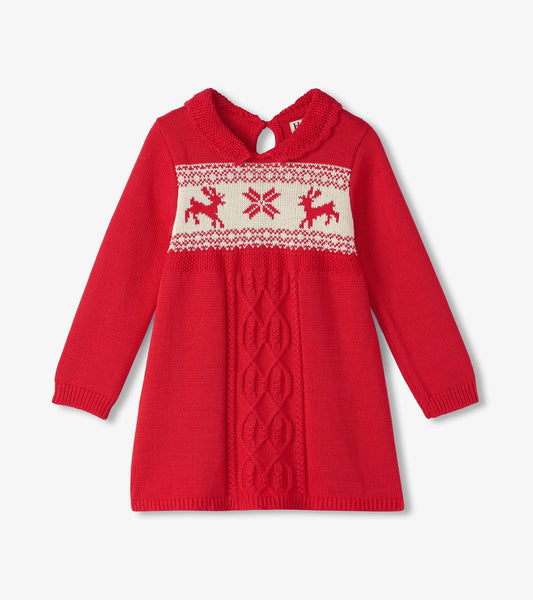 Red cable knit sweater dress featuring a white Fair Isle pattern with reindeer and a keyhole back detail.