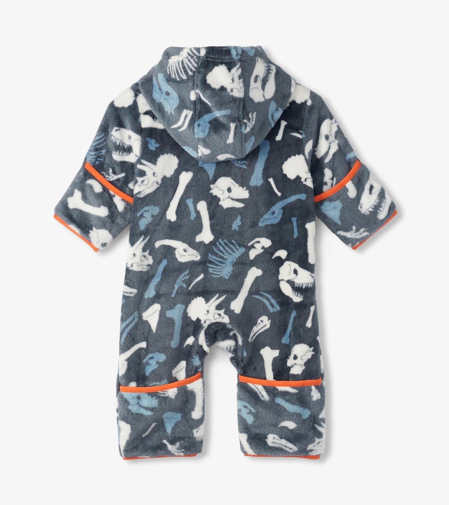 Gray fleece suit with dinosaur fossil prints, hood, and orange trim, suitable for baby boys.