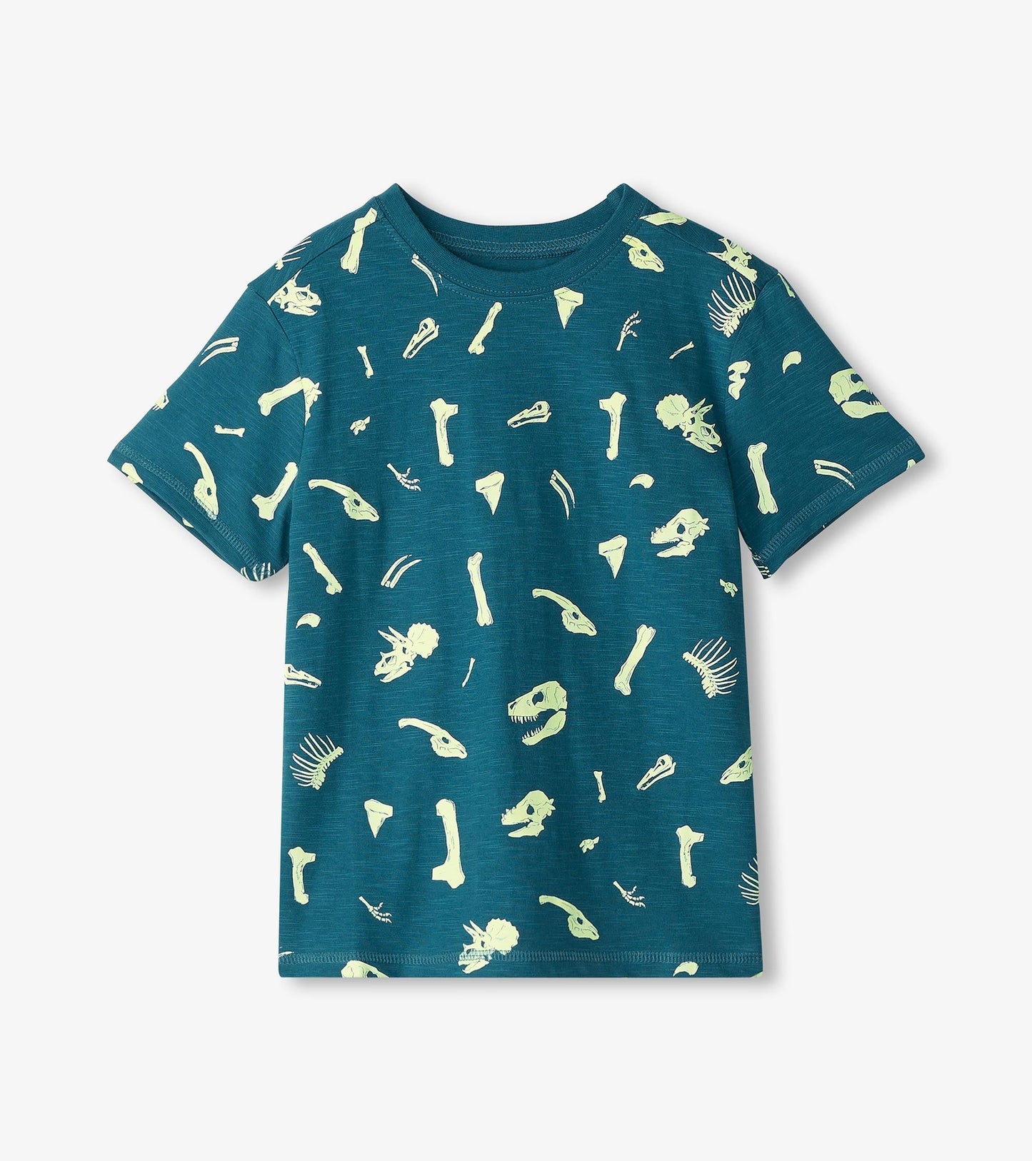 Teal short-sleeve tee featuring glow-in-the-dark dinosaur fossil graphics throughout.