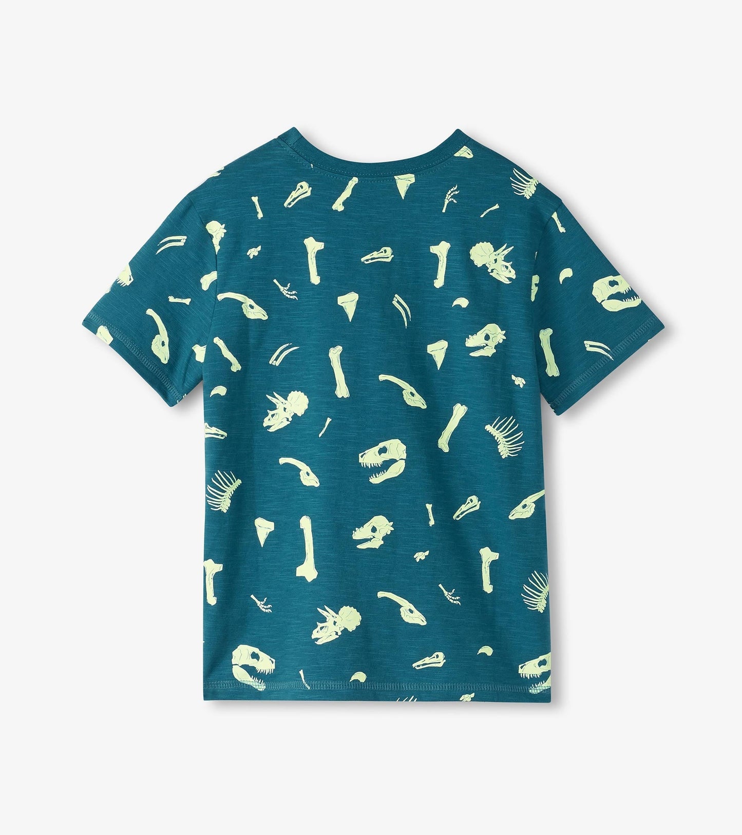 Teal short-sleeve tee featuring glow-in-the-dark dinosaur fossil graphics on the back.