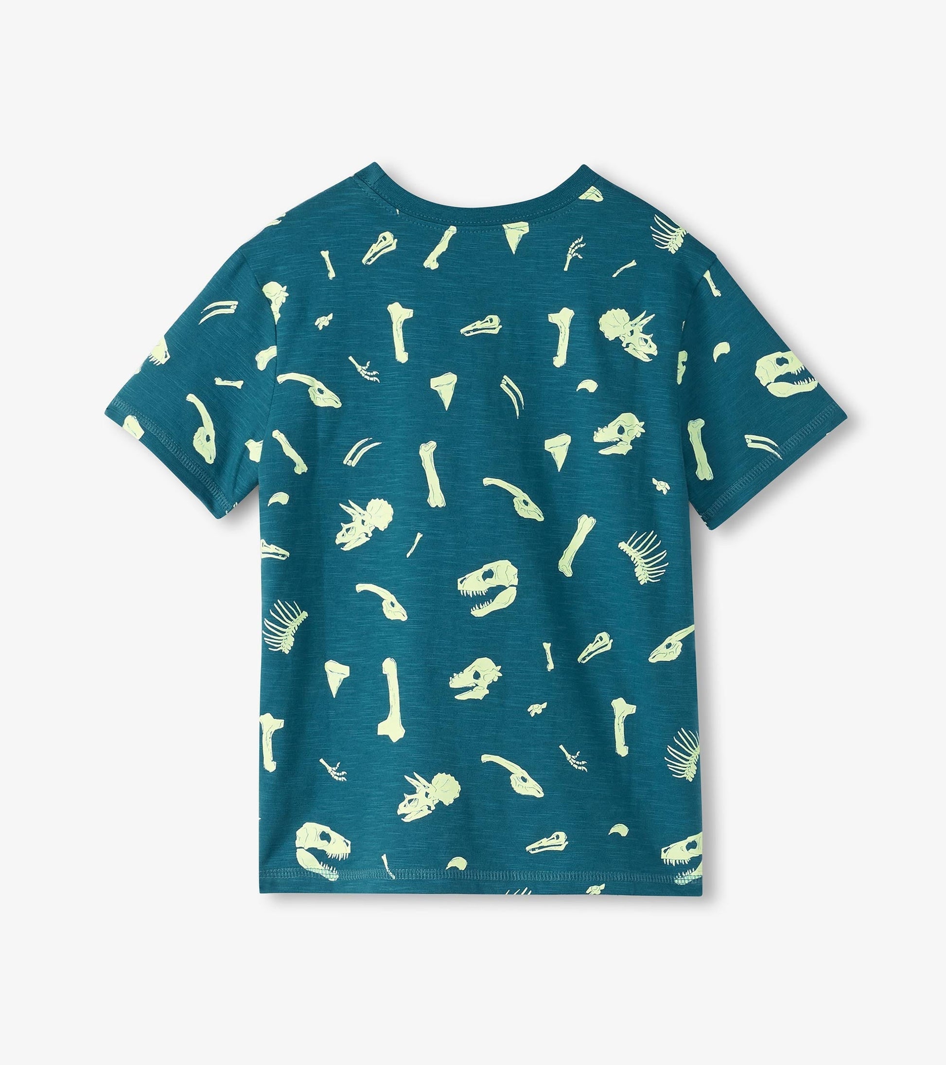 Teal short-sleeve tee featuring glow-in-the-dark dinosaur fossil graphics on the back.
