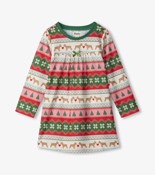 Long sleeve nightdress featuring a Fair Isle pattern with puppies, hearts, and trees in red, green, and pink colors.