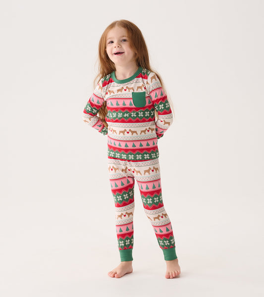 Bamboo pajama set featuring a colorful Fair Isle pattern with puppies, hearts, and trees, designed for girls.