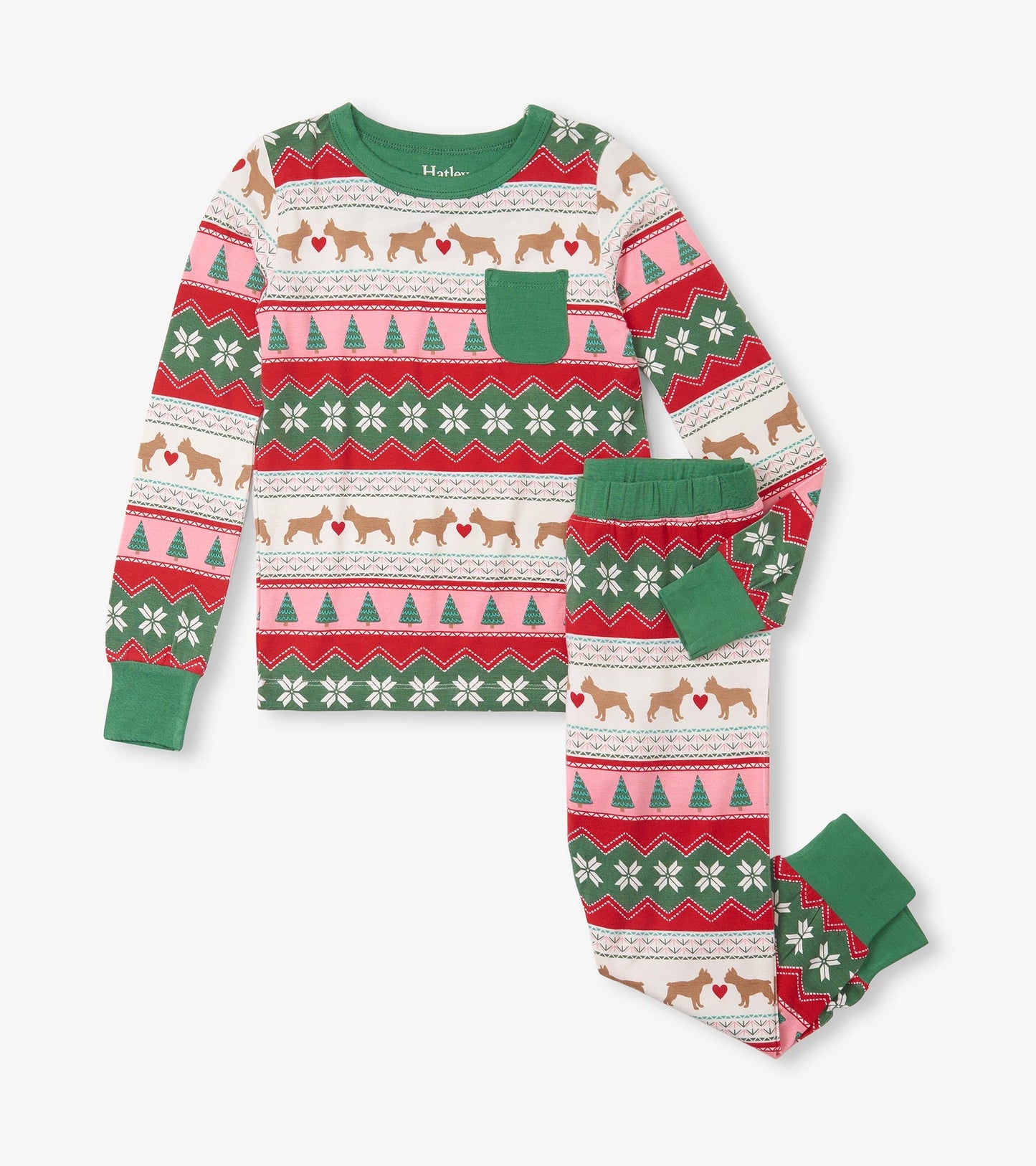 Bamboo pajama set featuring a Fair Isle pattern with puppies, hearts, and trees in pink, green, and red tones.