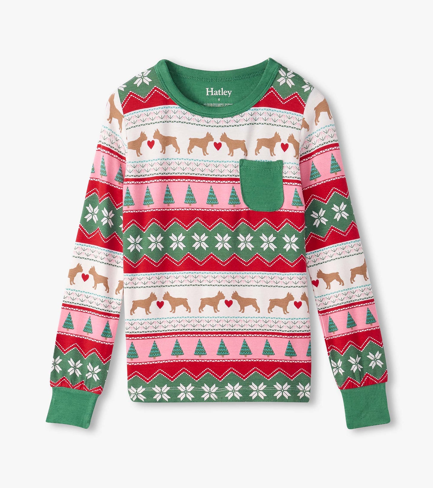 Long-sleeve pajama top featuring a Fair Isle pattern with puppies, hearts, and Christmas trees in pink, green, and red.