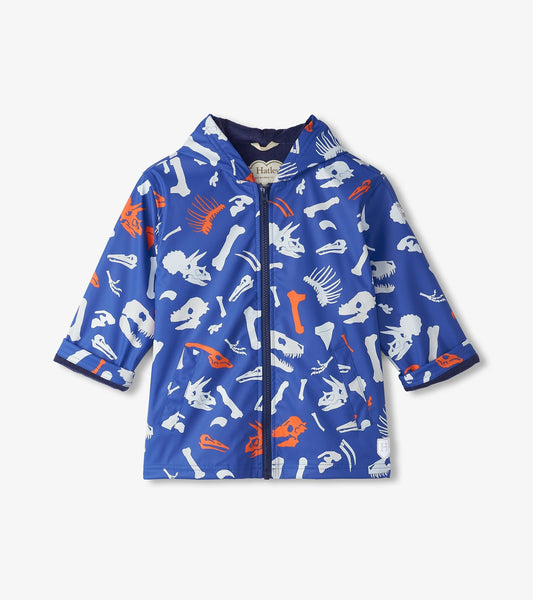 Blue zip-up rain jacket featuring colorful dinosaur fossil patterns, designed for boys.