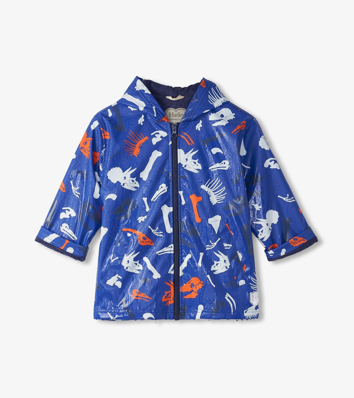 Blue zip-up rain jacket featuring colorful dinosaur fossil prints, designed for boys, with a hood and short sleeves.