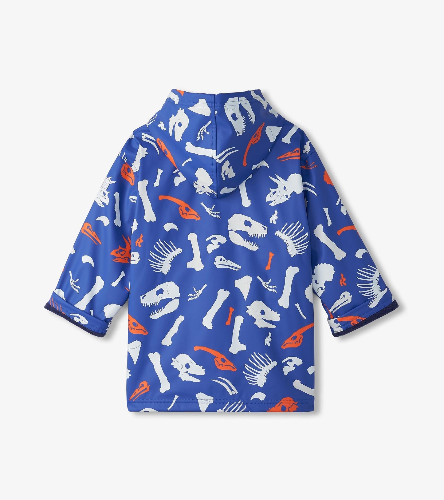Blue zip-up rain jacket featuring white and orange dinosaur fossil prints, with a hood and short sleeves.