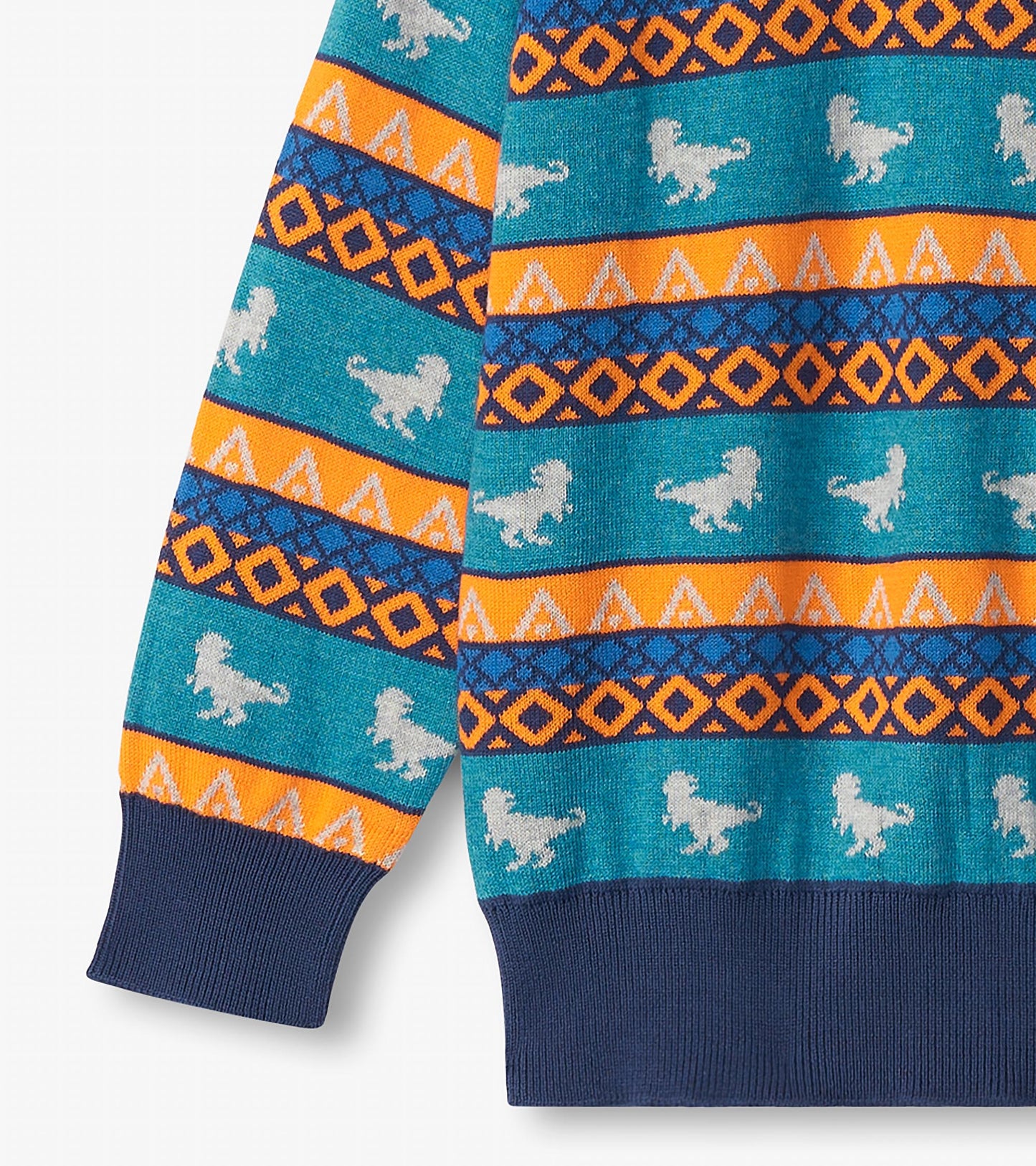 Turquoise sweater featuring dinosaur patterns and geometric designs in orange and navy, with ribbed cuffs.
