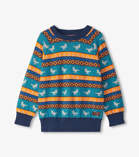 Blue dinosaur sweater featuring colorful patterns and a ribbed neckline, suitable for boys aged 2 to 12.