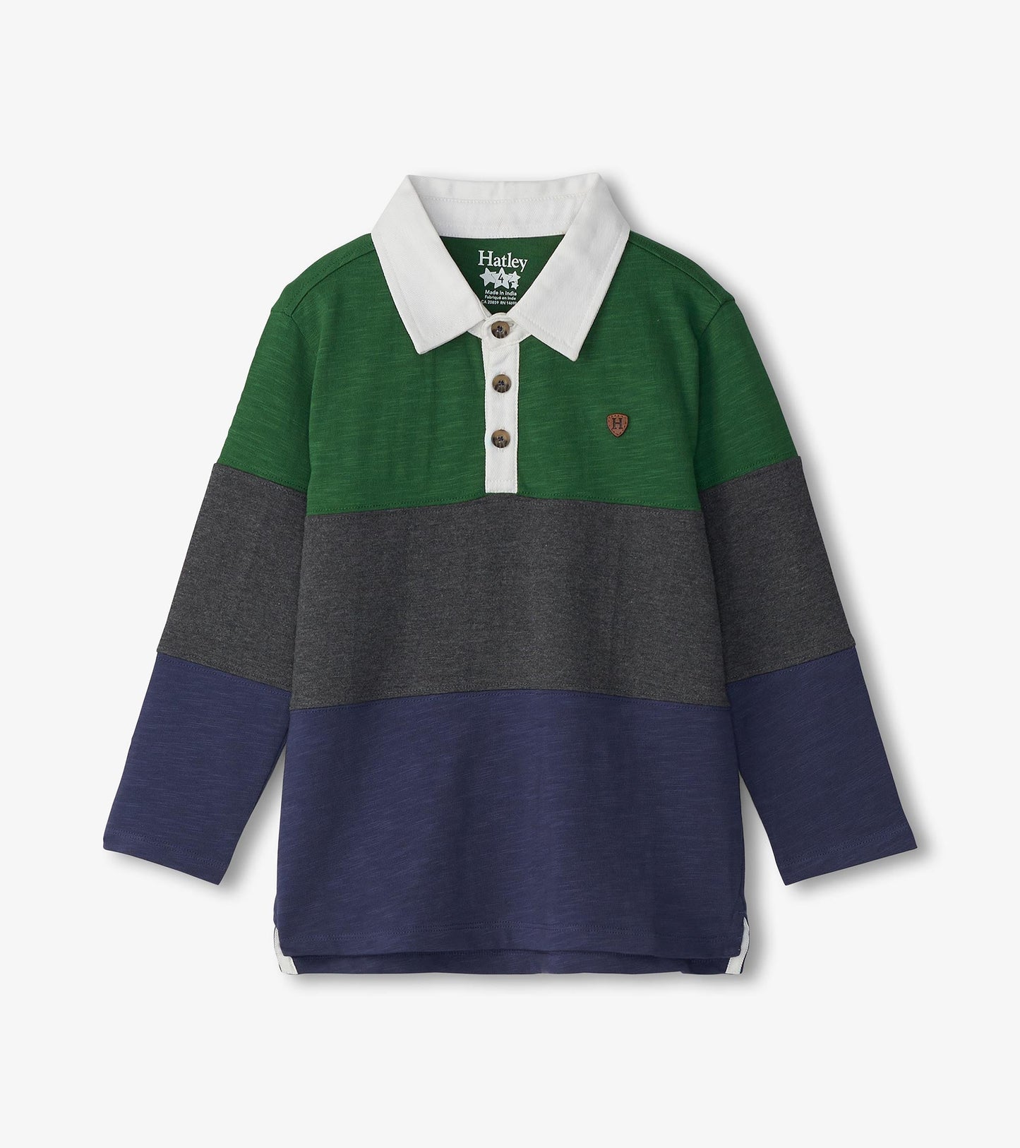 Long sleeve polo shirt featuring green, gray, and navy paneling with a white collar and button placket.