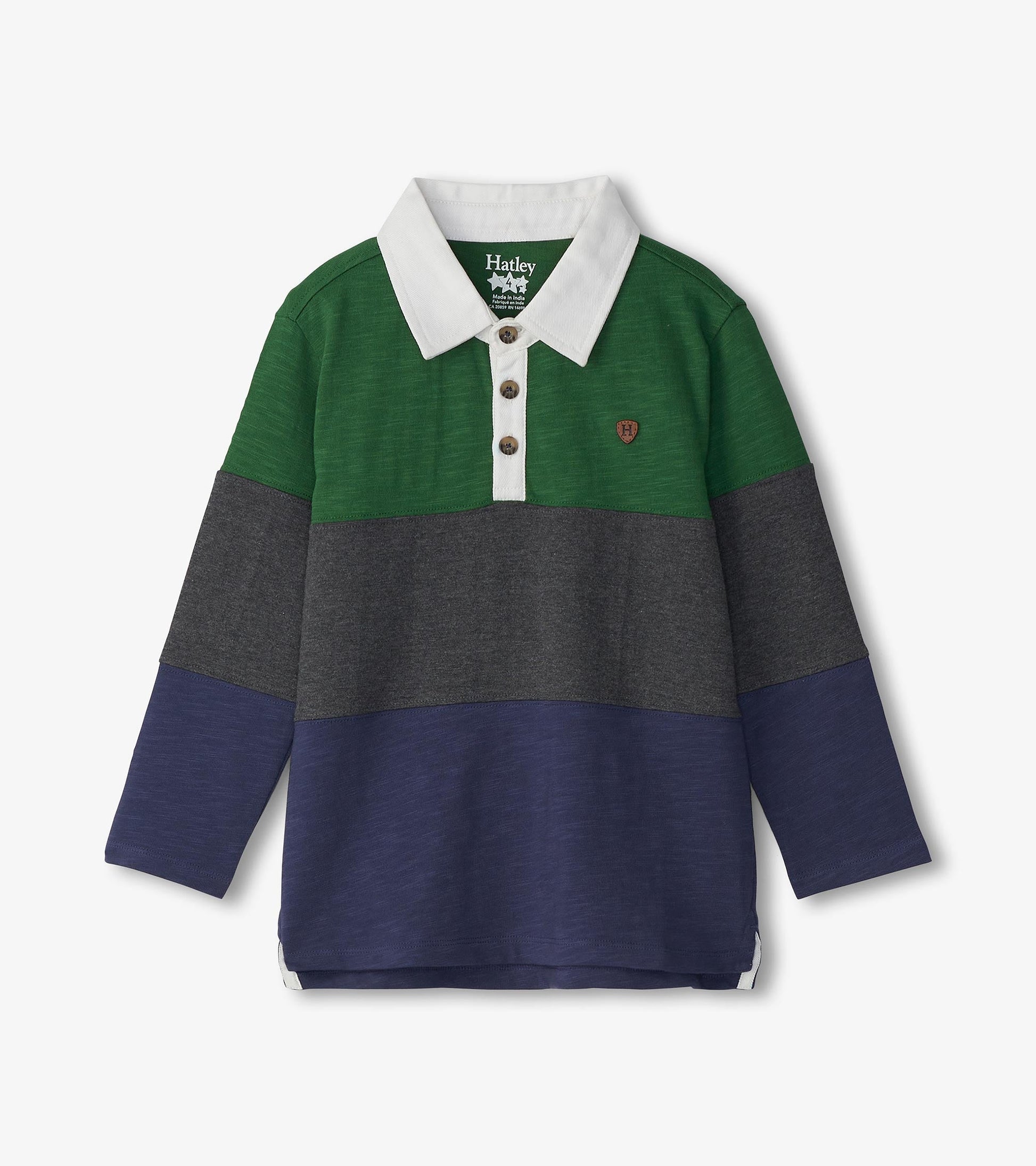 Long sleeve polo shirt featuring green, gray, and navy paneling with a white collar and button placket.