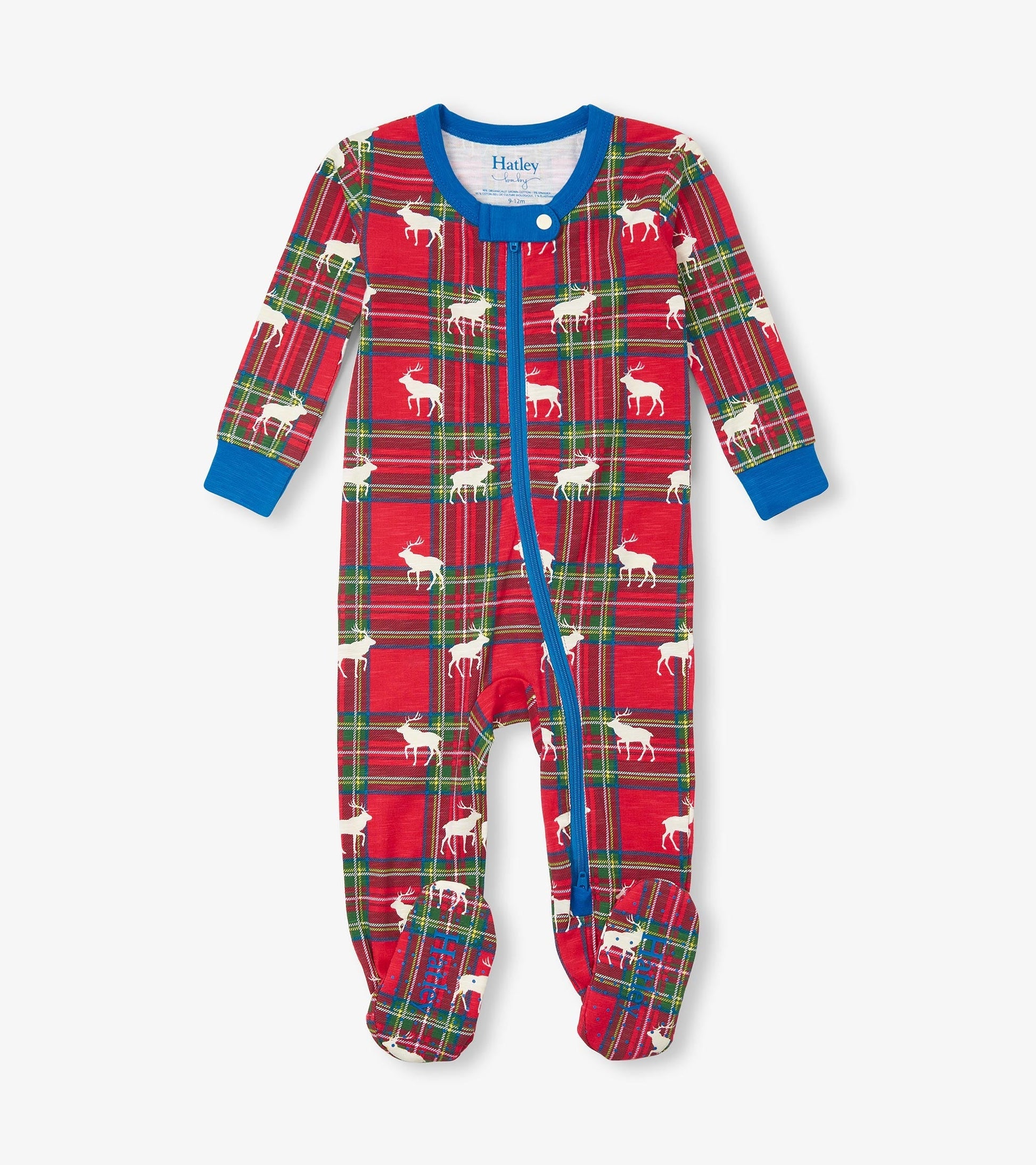 Red plaid footed sleeper with white elk print, long sleeves, and blue trim. Zipper closure for easy dressing.