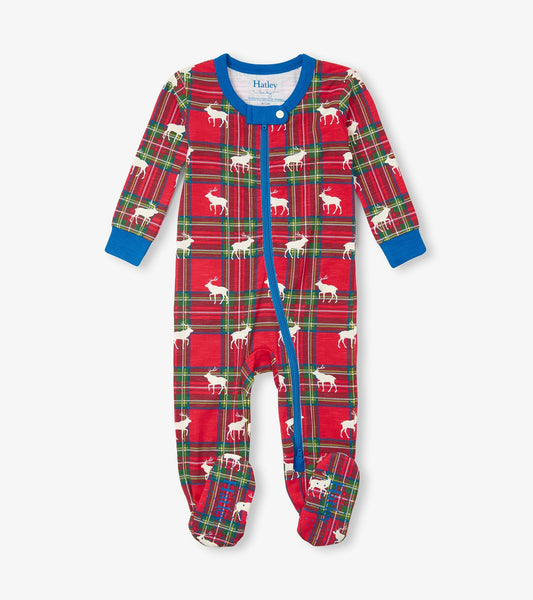 Red plaid footed sleeper with white elk print, long sleeves, and blue trim. Zipper closure for easy dressing.