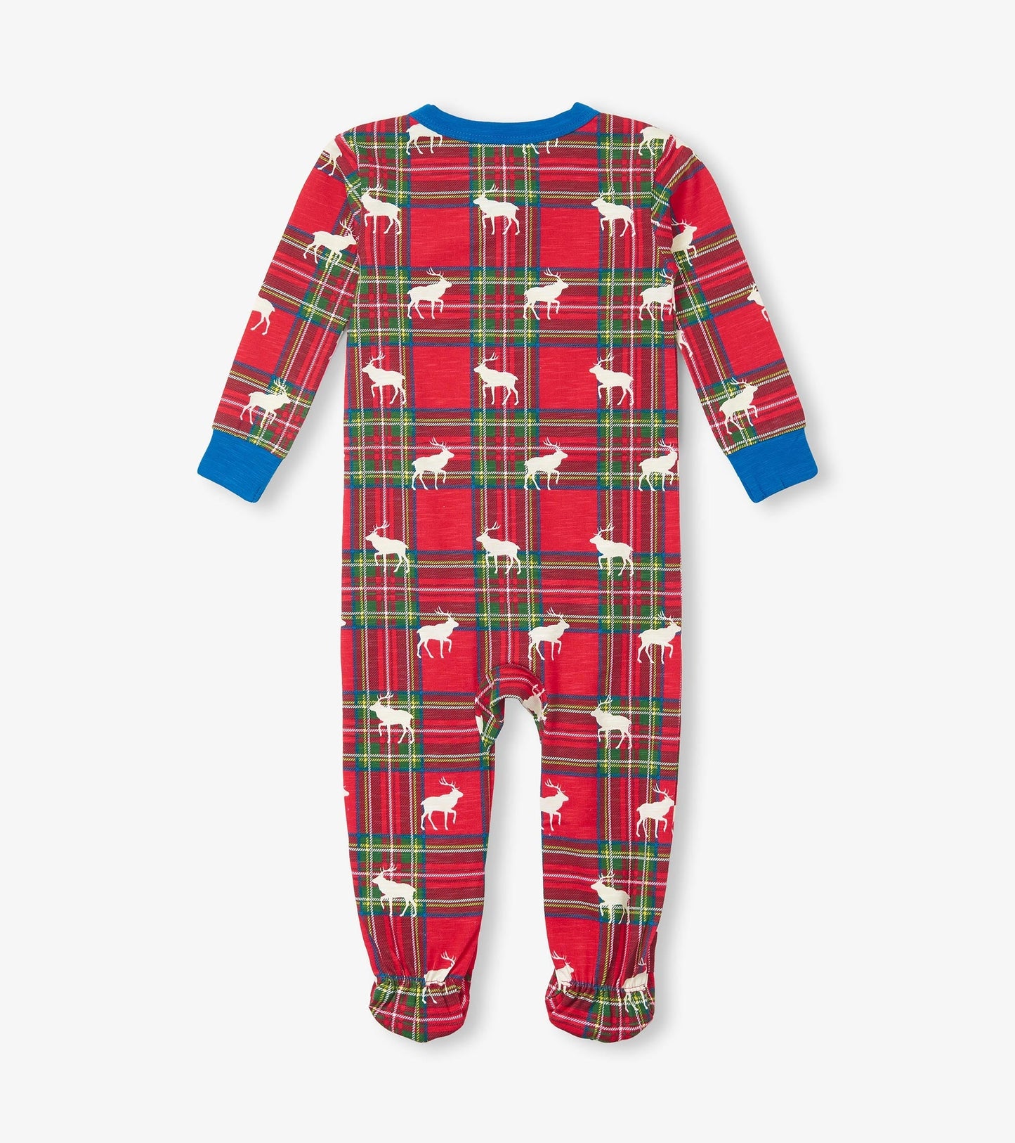 Red plaid footed sleeper featuring white elk designs and blue cuffs, suitable for infants.