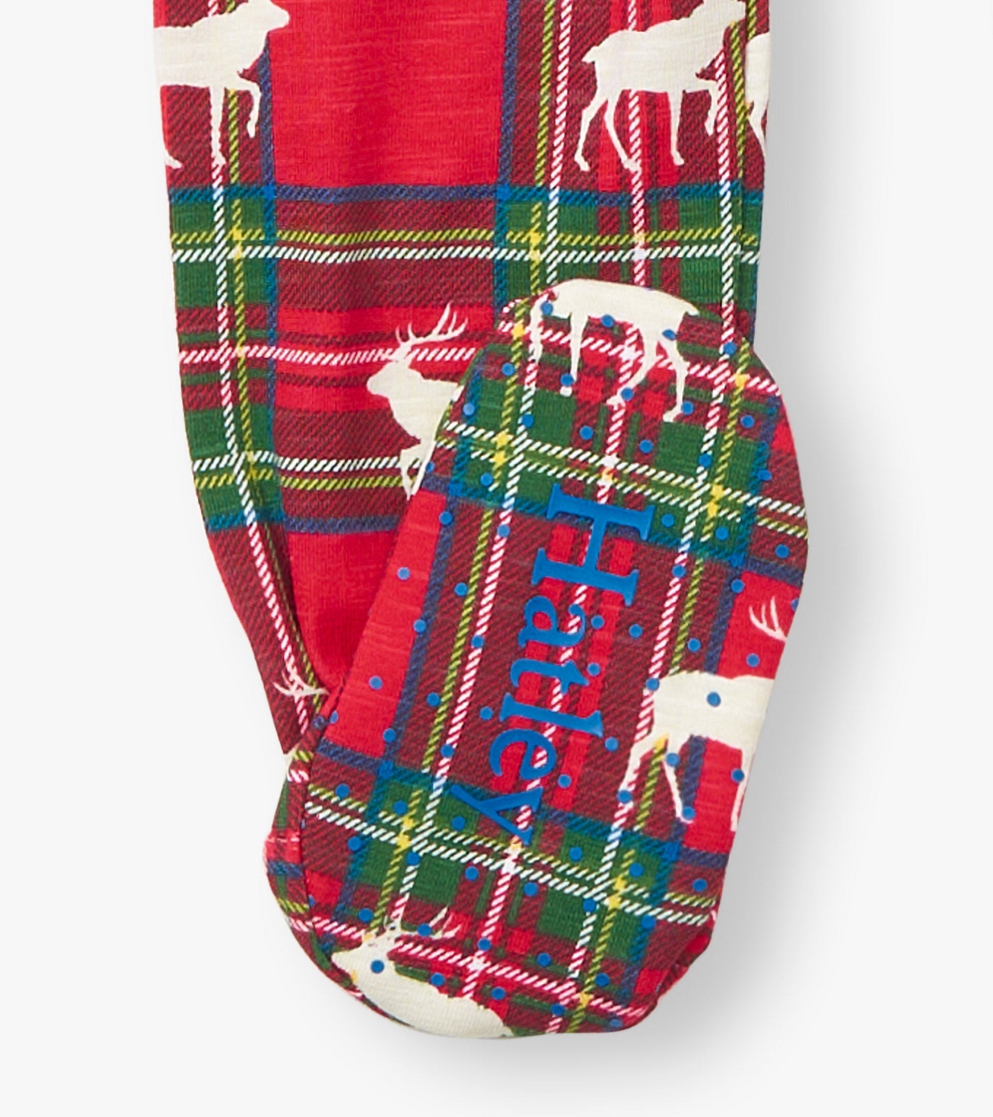 Red plaid cotton footed sleeper featuring white elk silhouettes and blue lettering on the foot. Available in multiple sizes.