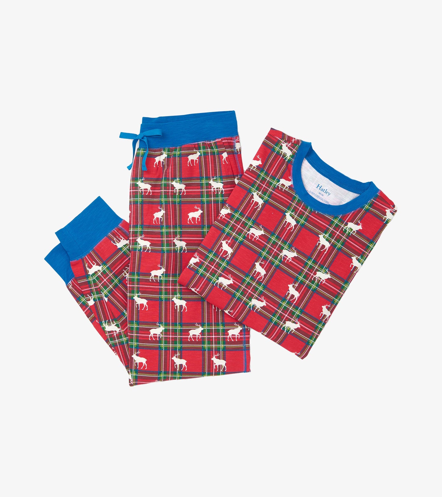 Red plaid pajama set featuring white elk patterns, with a blue crew neck top and matching drawstring pants.