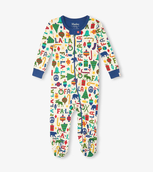 Baby blue cotton footed sleeper with colorful holiday-themed prints, featuring long sleeves and a front zipper closure.
