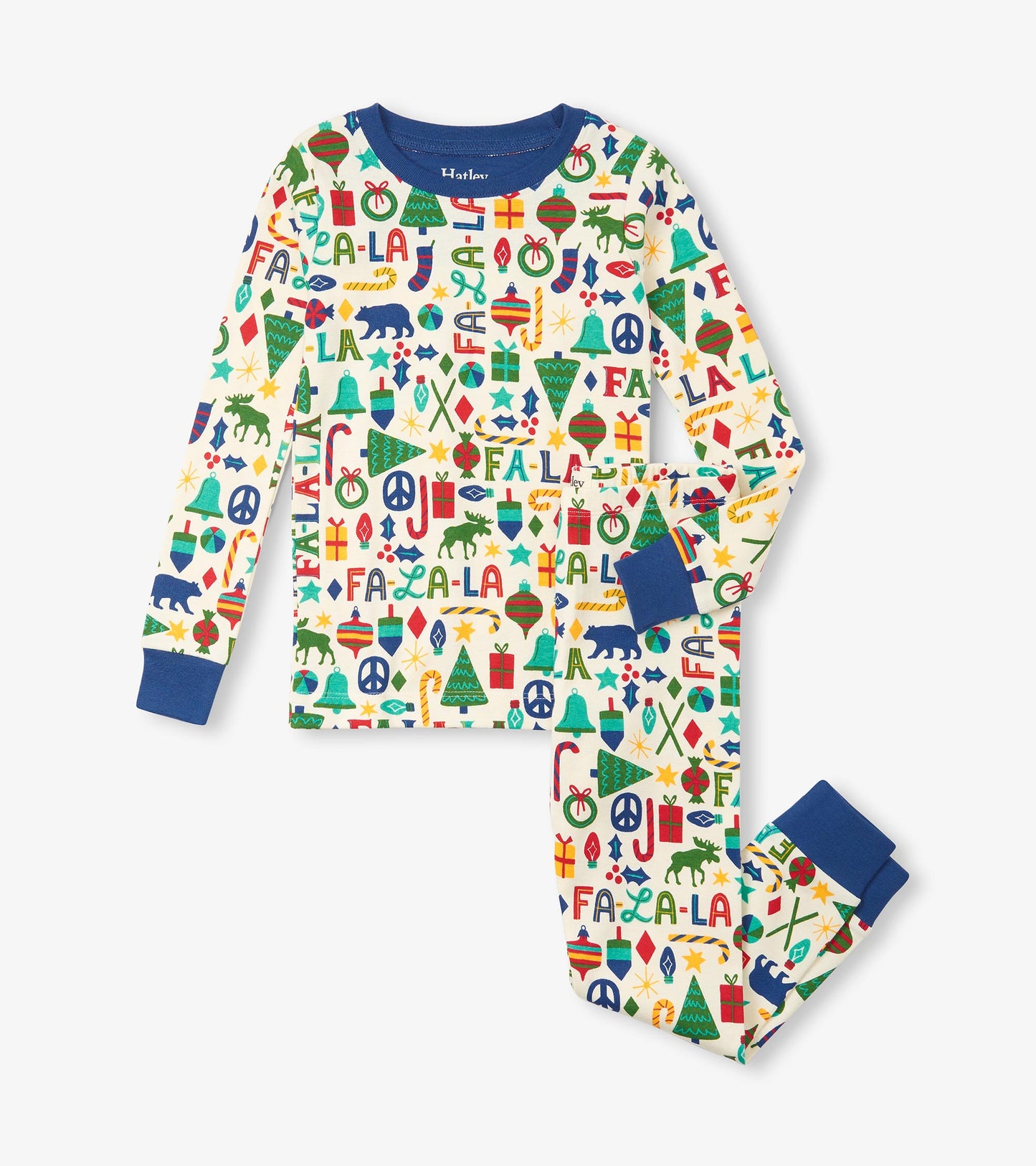 Boys' blue pajama set featuring a colorful holiday-themed print with bears, trees, and gifts on a cream background.