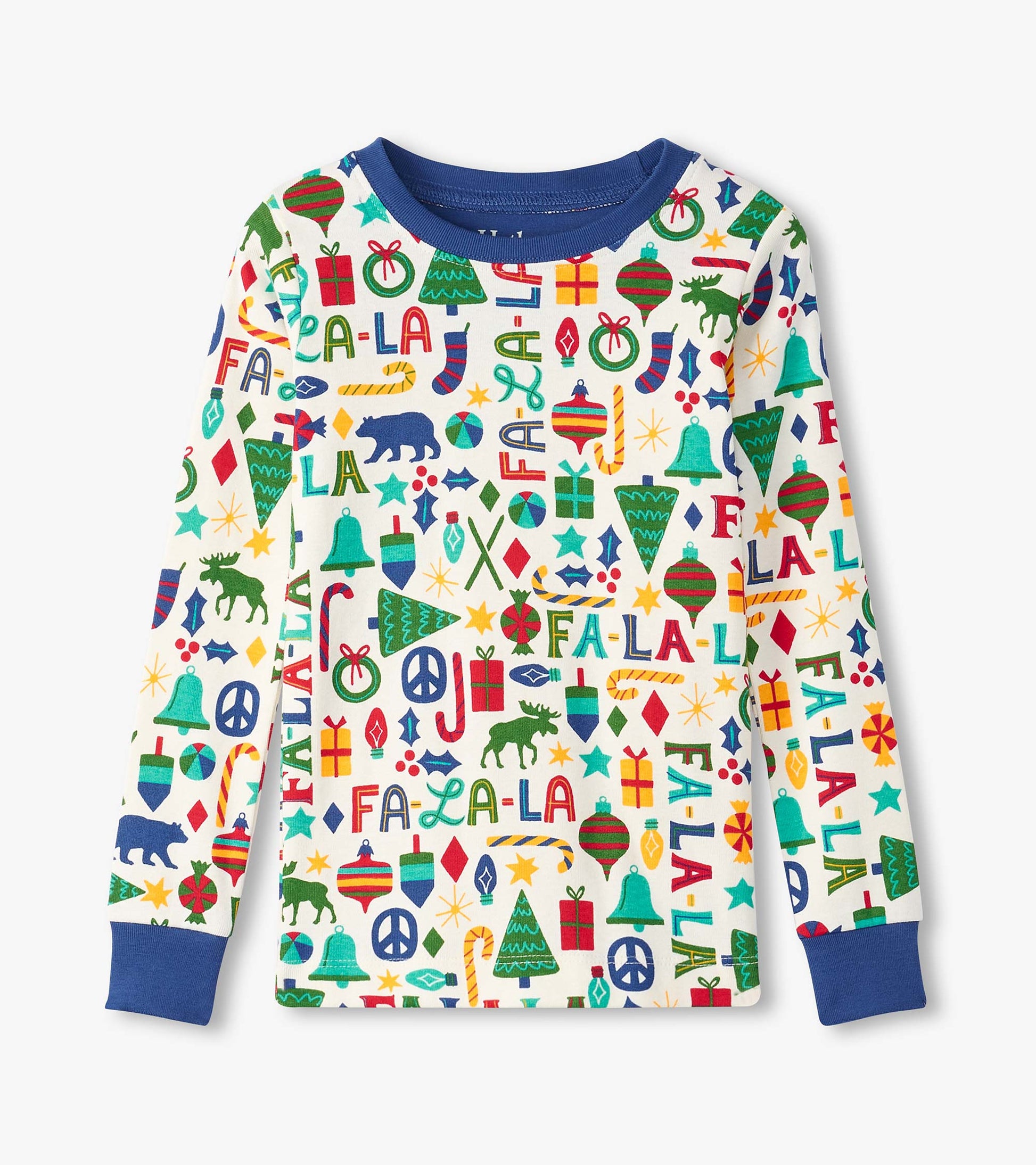 Long-sleeve pajama top featuring a colorful holiday-themed print on a cream background with blue cuffs.