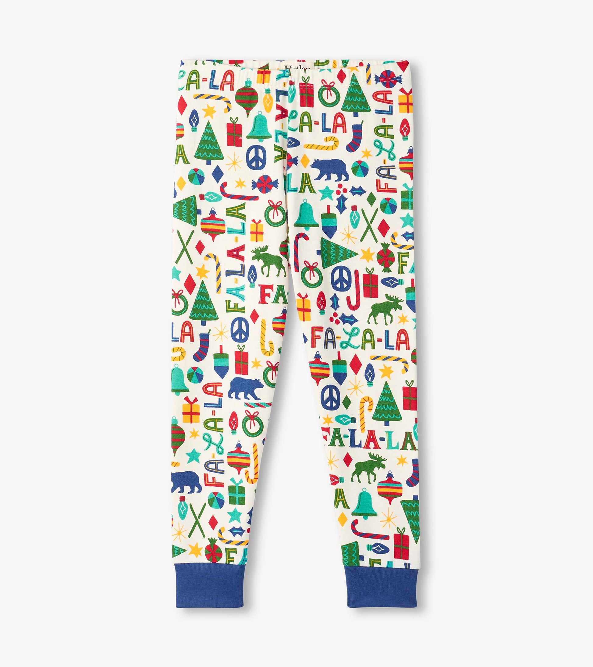 Boys' blue pajama set featuring a festive print with trees, gifts, and animals on a white background.