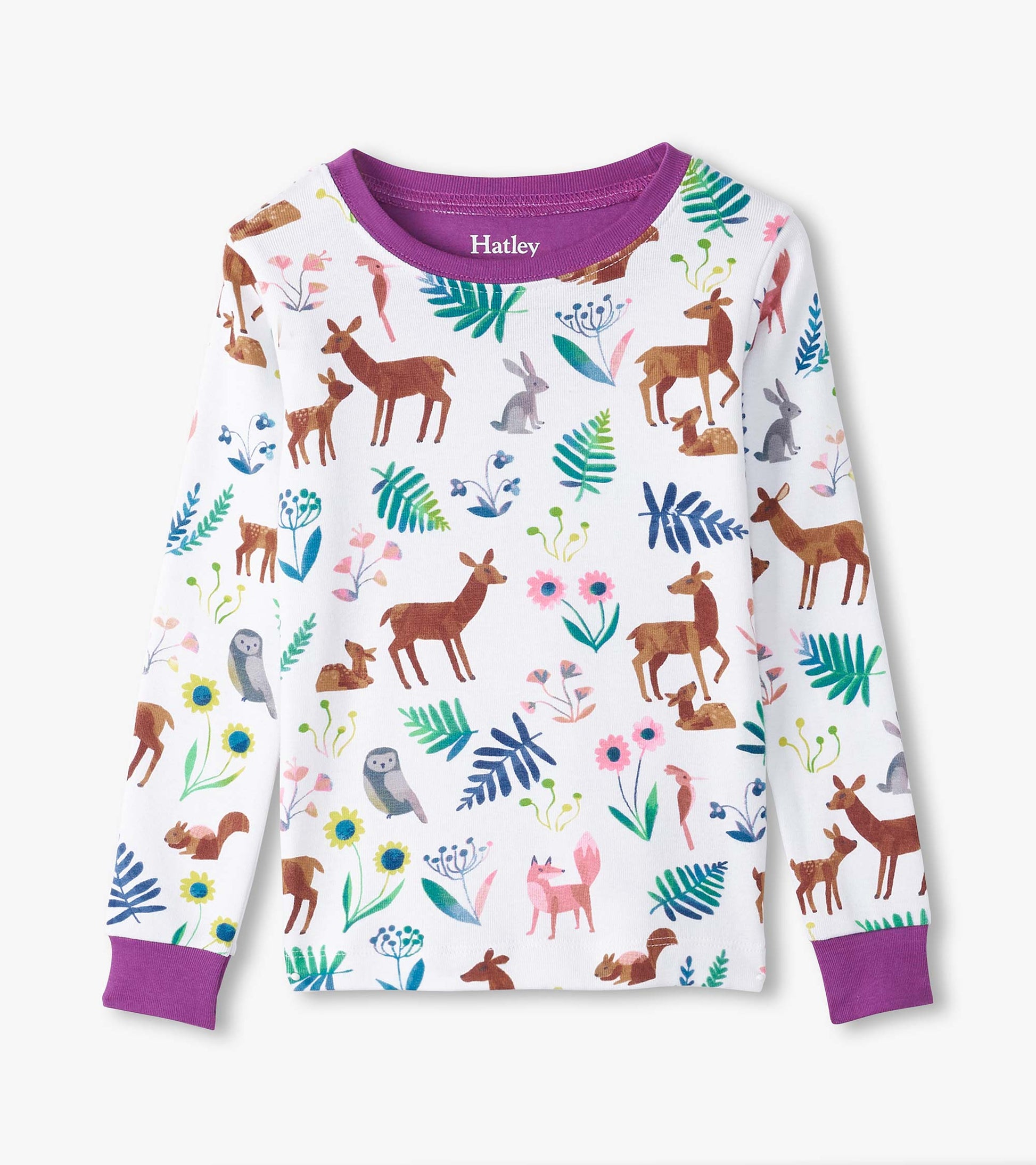 Long-sleeve pajama top in white with colorful forest creature and floral patterns, featuring a purple neckline and cuffs.