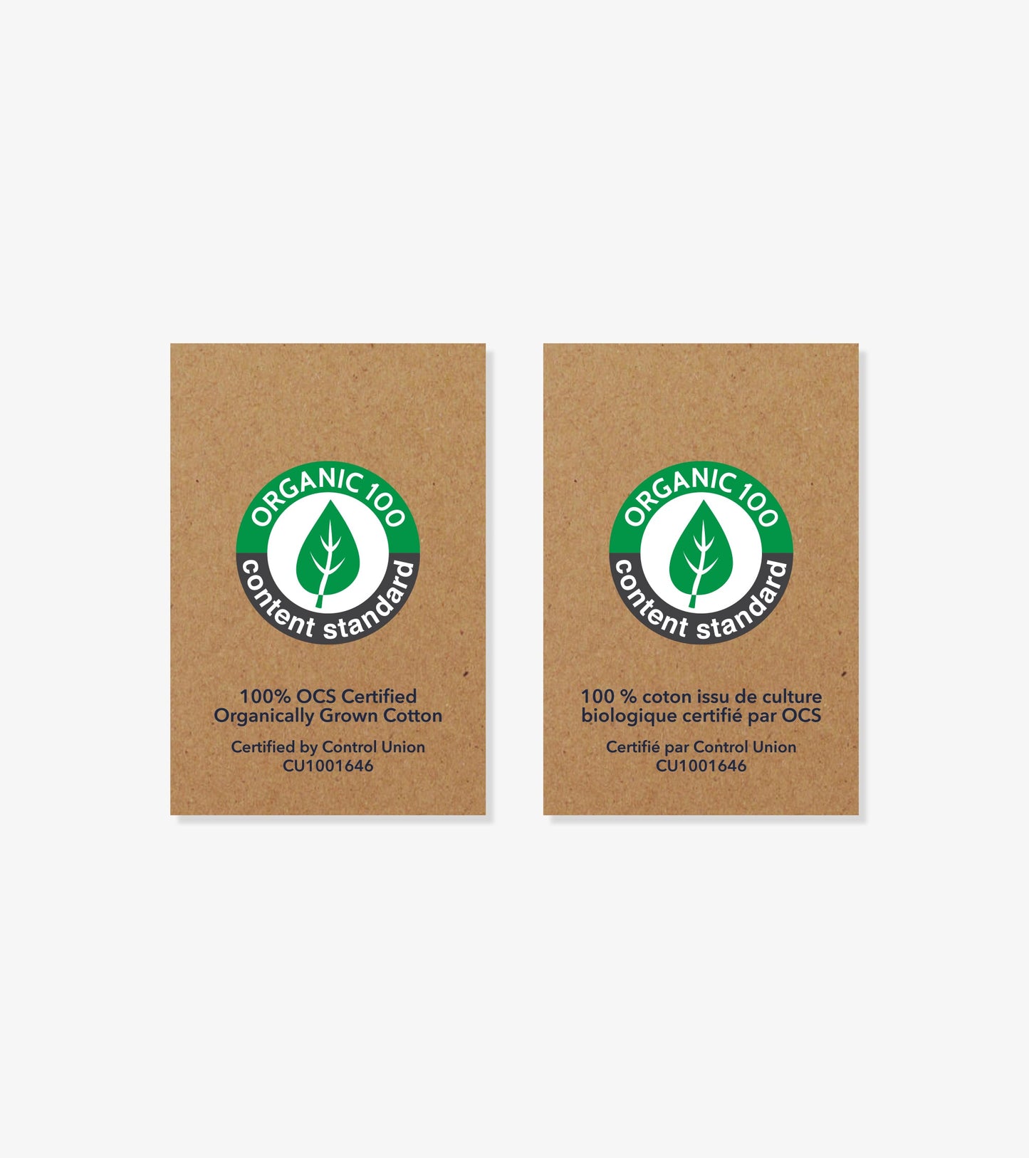 Organic cotton certification tags featuring a green leaf logo and text about organic standards.
