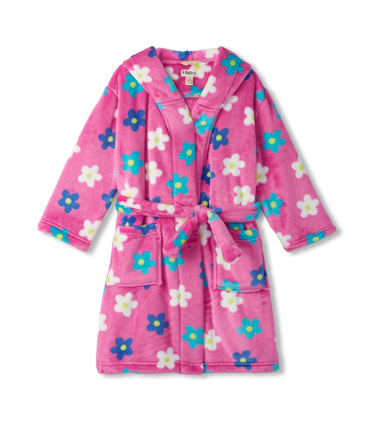 Pink fleece robe with colorful daisy pattern, featuring a hood, tie belt, and two front pockets.