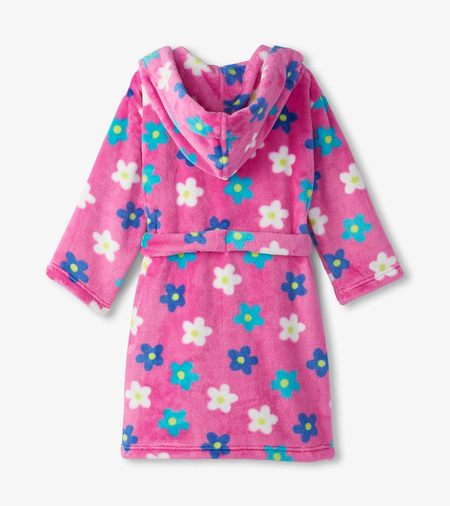 Pink fleece robe with a hood, featuring a colorful daisy pattern in blue and white.