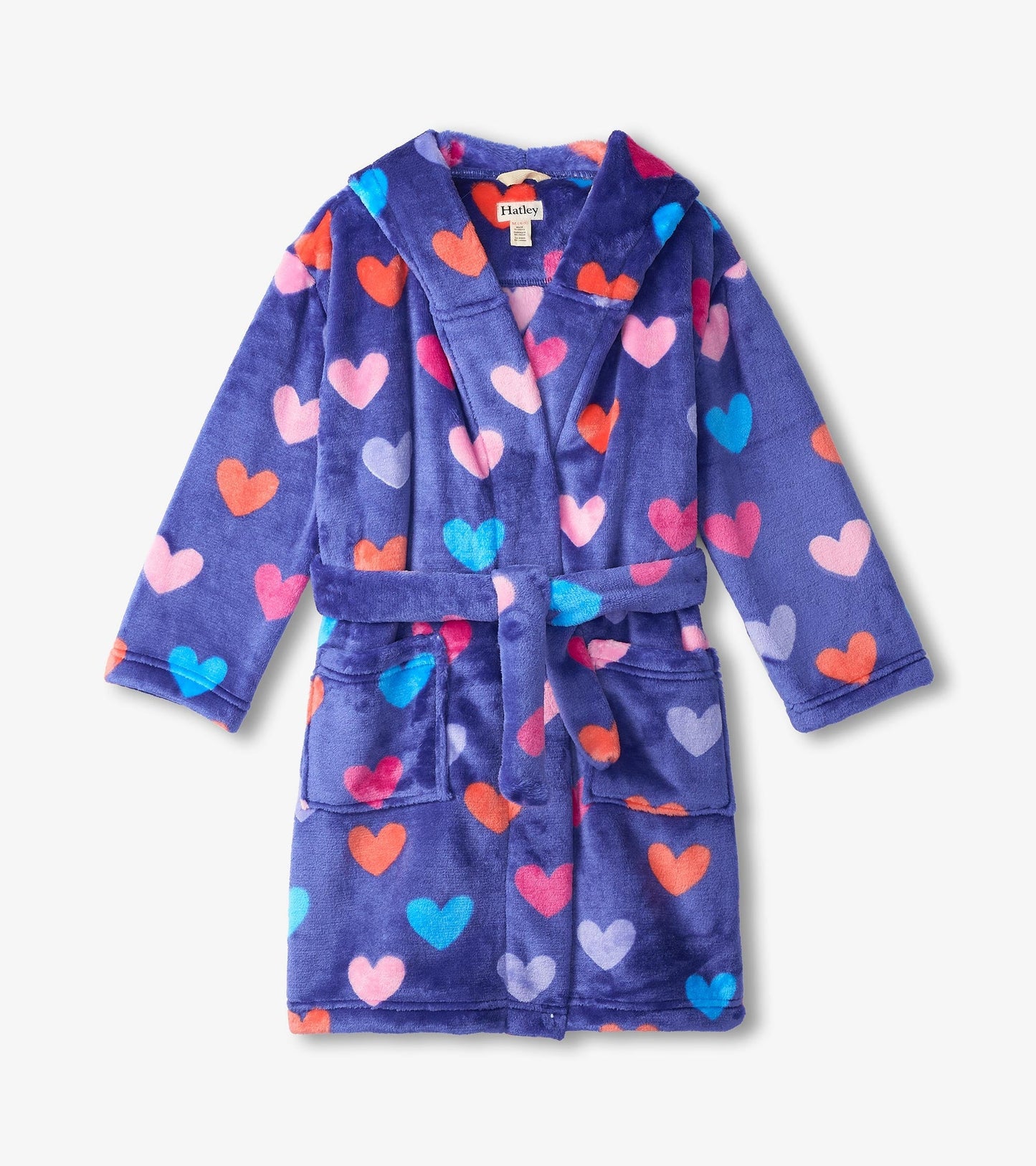 Purple fleece robe with colorful heart patterns, featuring a hood, belt, and pockets. Suitable for baby girls.