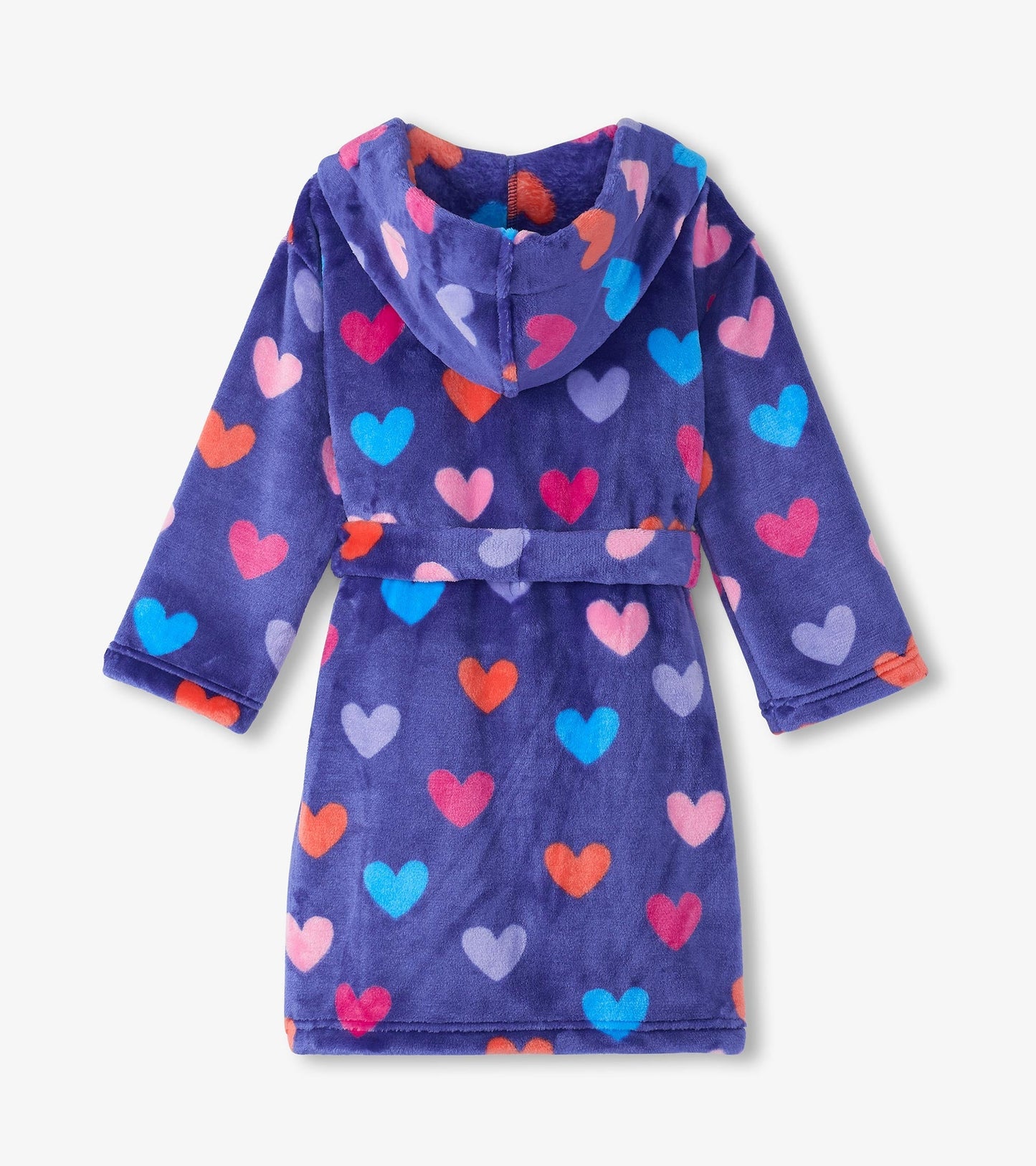 Purple fleece robe with colorful heart patterns, featuring a hood and belt, suitable for baby girls.