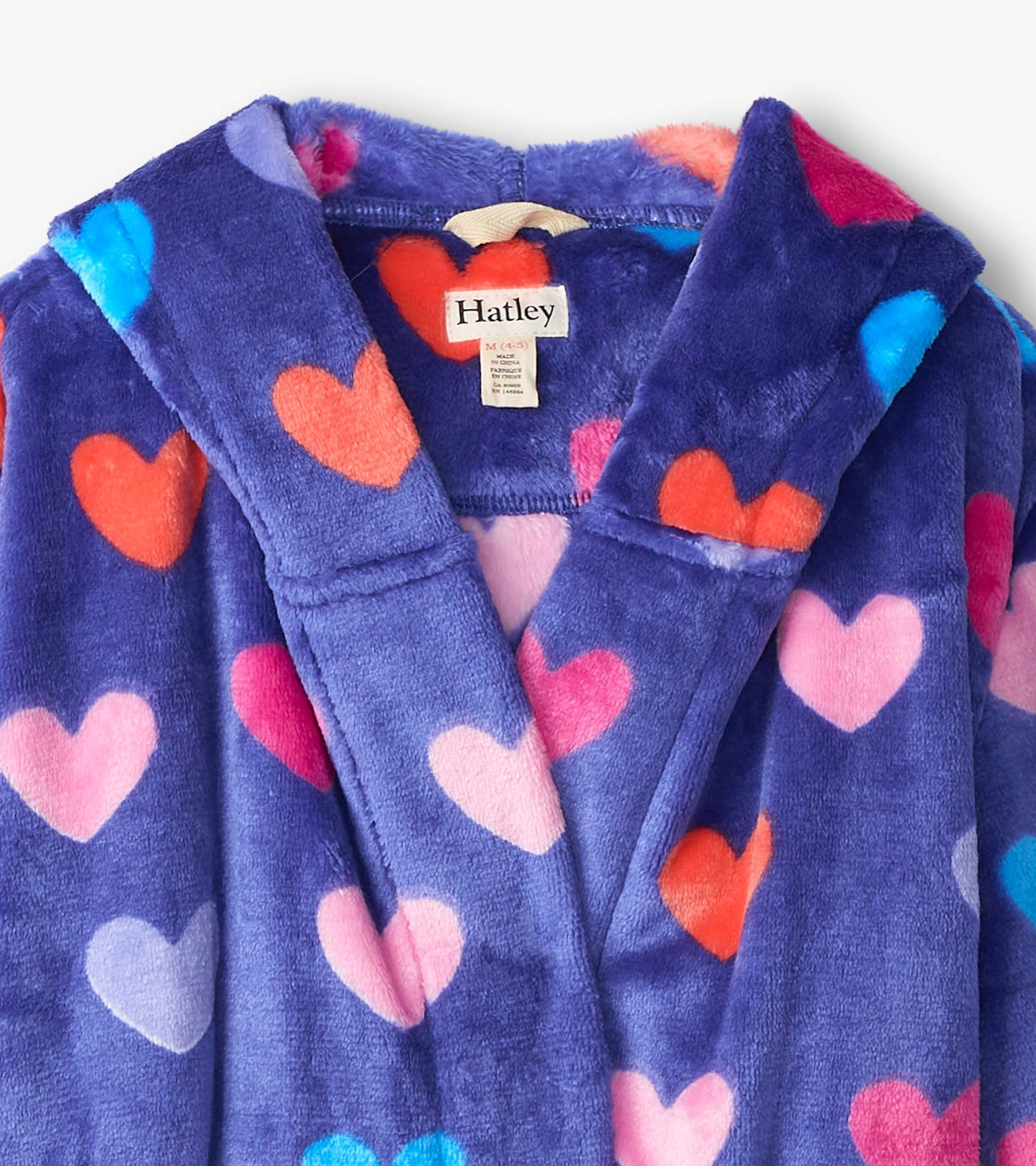 Purple fleece robe featuring colorful heart patterns, designed for baby girls, with a cozy hood and front opening.